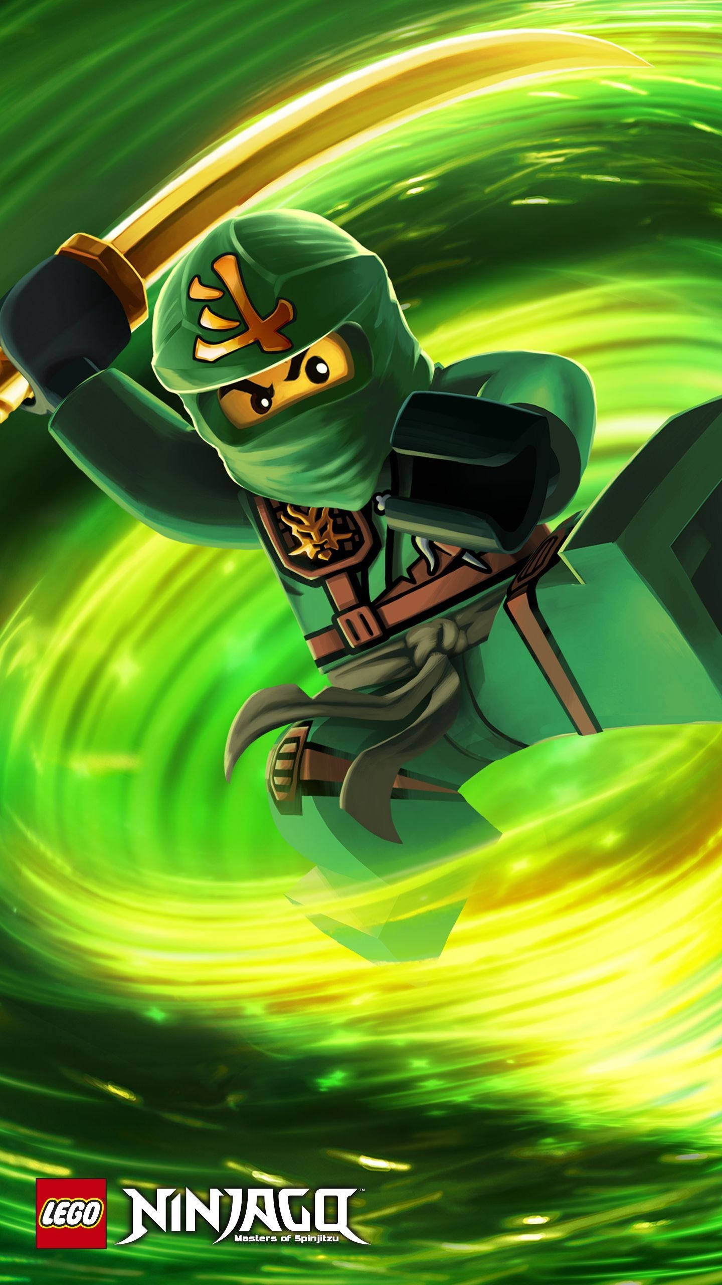 Lloyd the green ninja, Golden katana mid-swing, Ninjago: Masters of Spinjitzu logo, HD Phone wallpaper