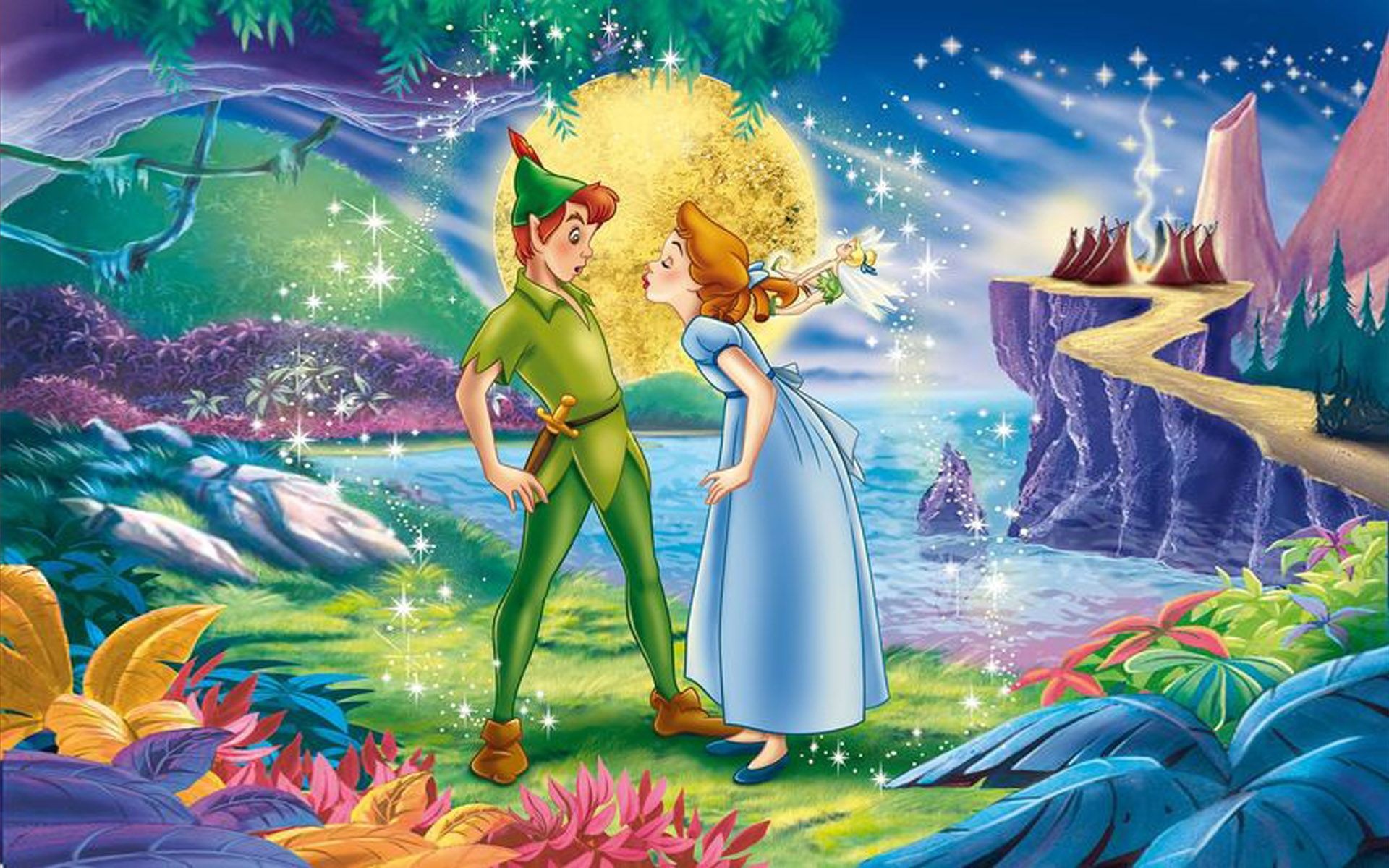 Peter Pan, Wendy Darling, Tinker Bell, Neverland landscape, HD Desktop wallpaper