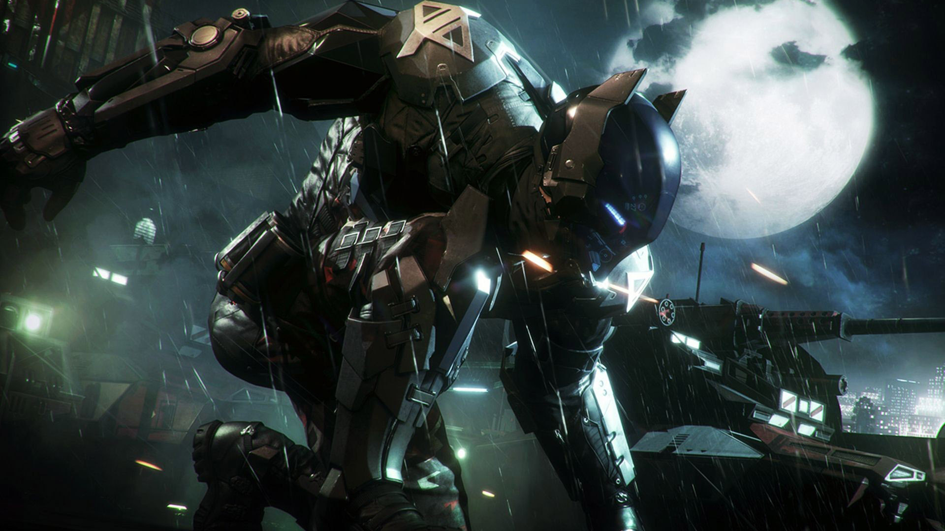 Arkham Knight character, Gotham City skyline, Full moon in rain, Full HD Desktop wallpaper