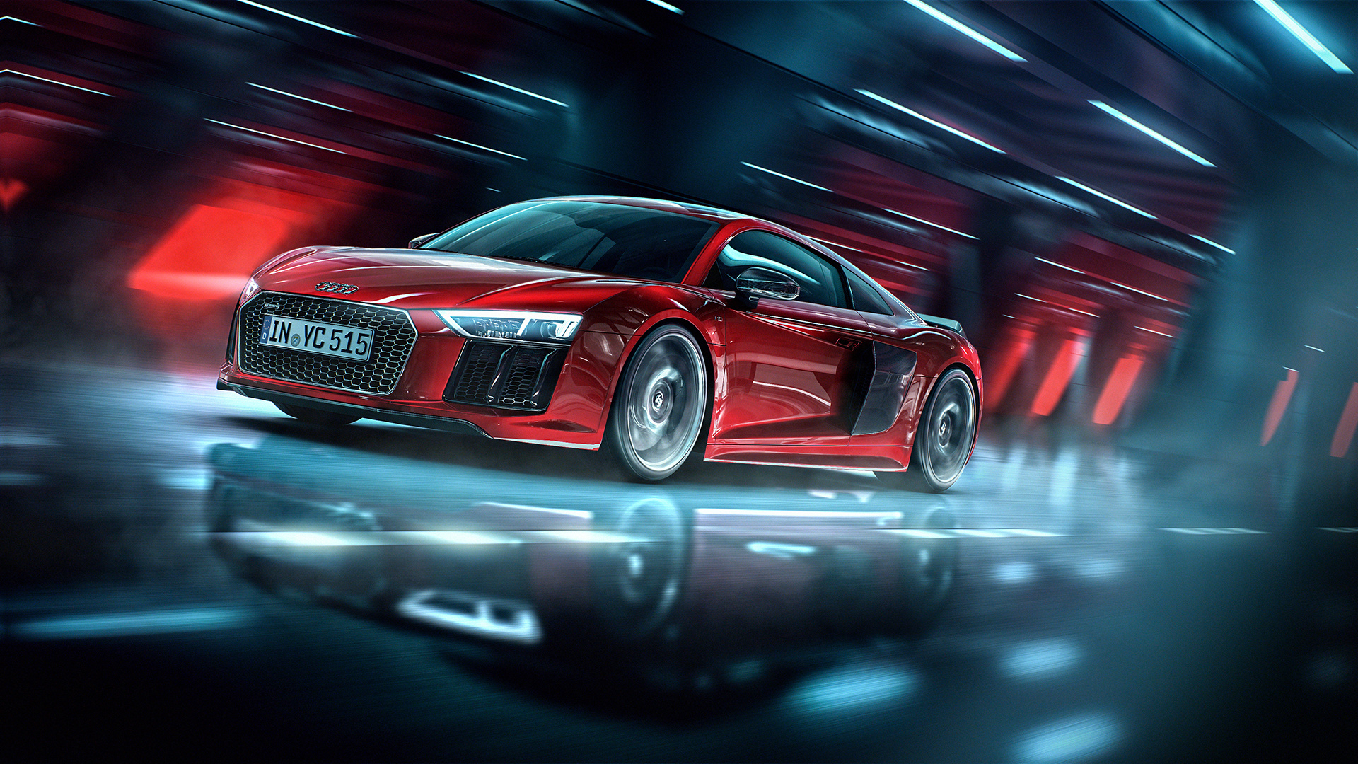 Audi R8 V10 Plus, IN YC 515 license plate, neon motion blur tunnel, Full HD Desktop wallpaper