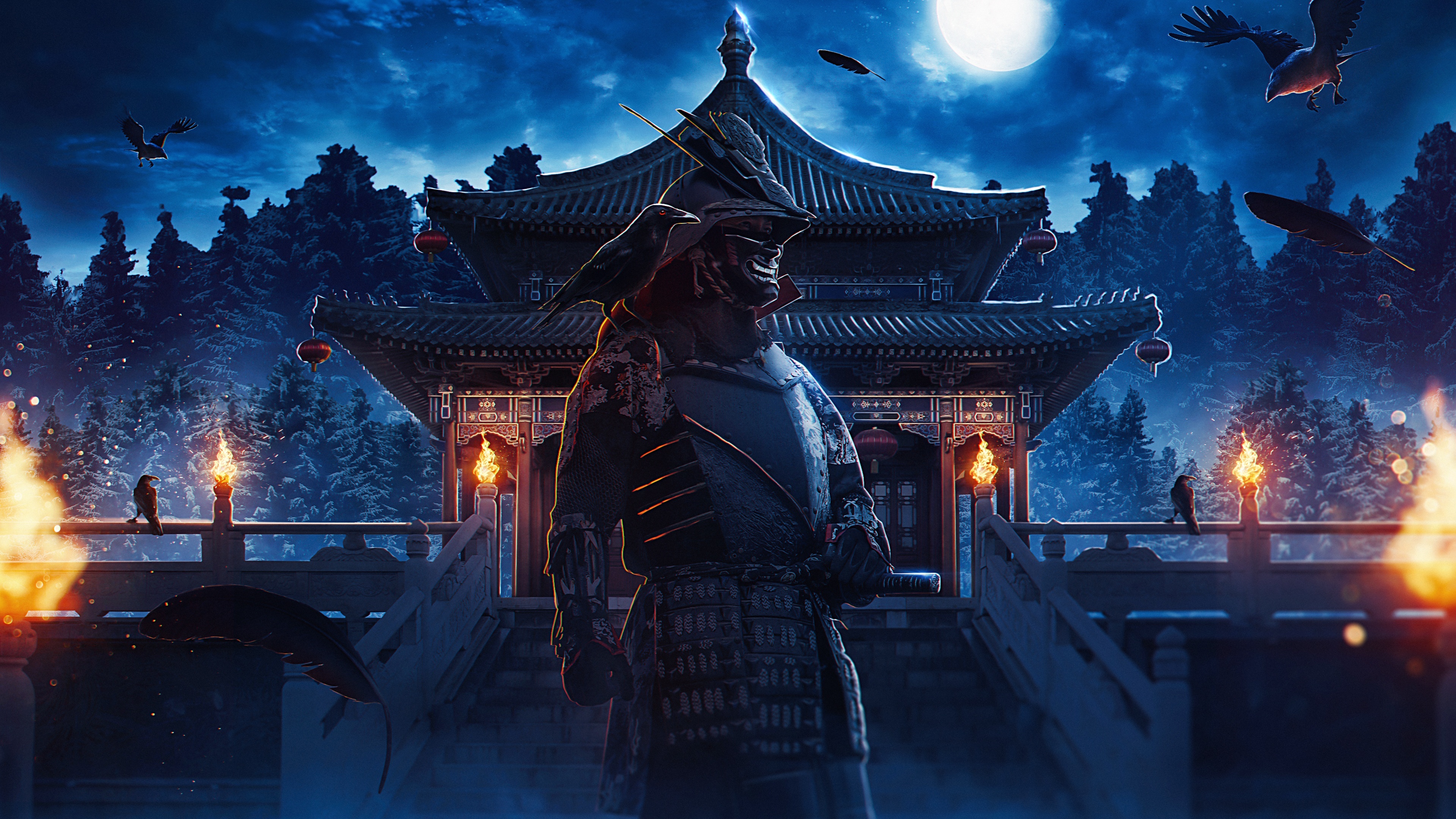 samurai in kabuto armor, Japanese pagoda temple bridge, crows and full moon, 4K Desktop wallpaper