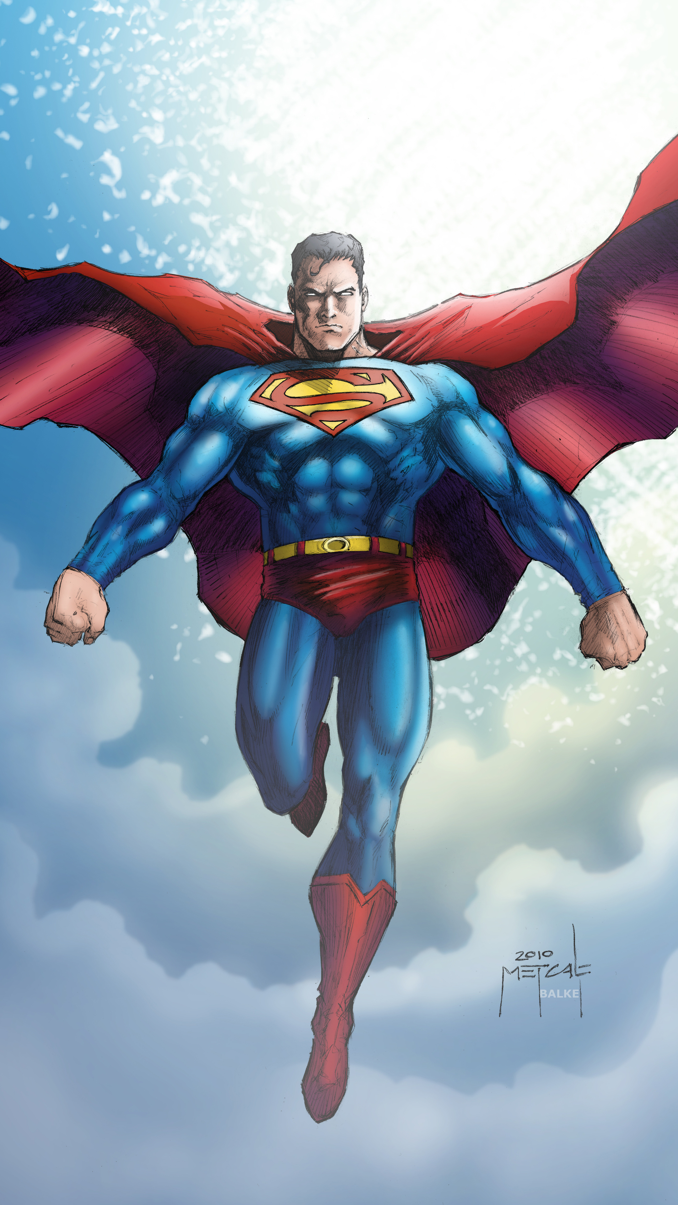 Superman, Flowing red cape, Sunlit cloudy sky, 4K Phone wallpaper