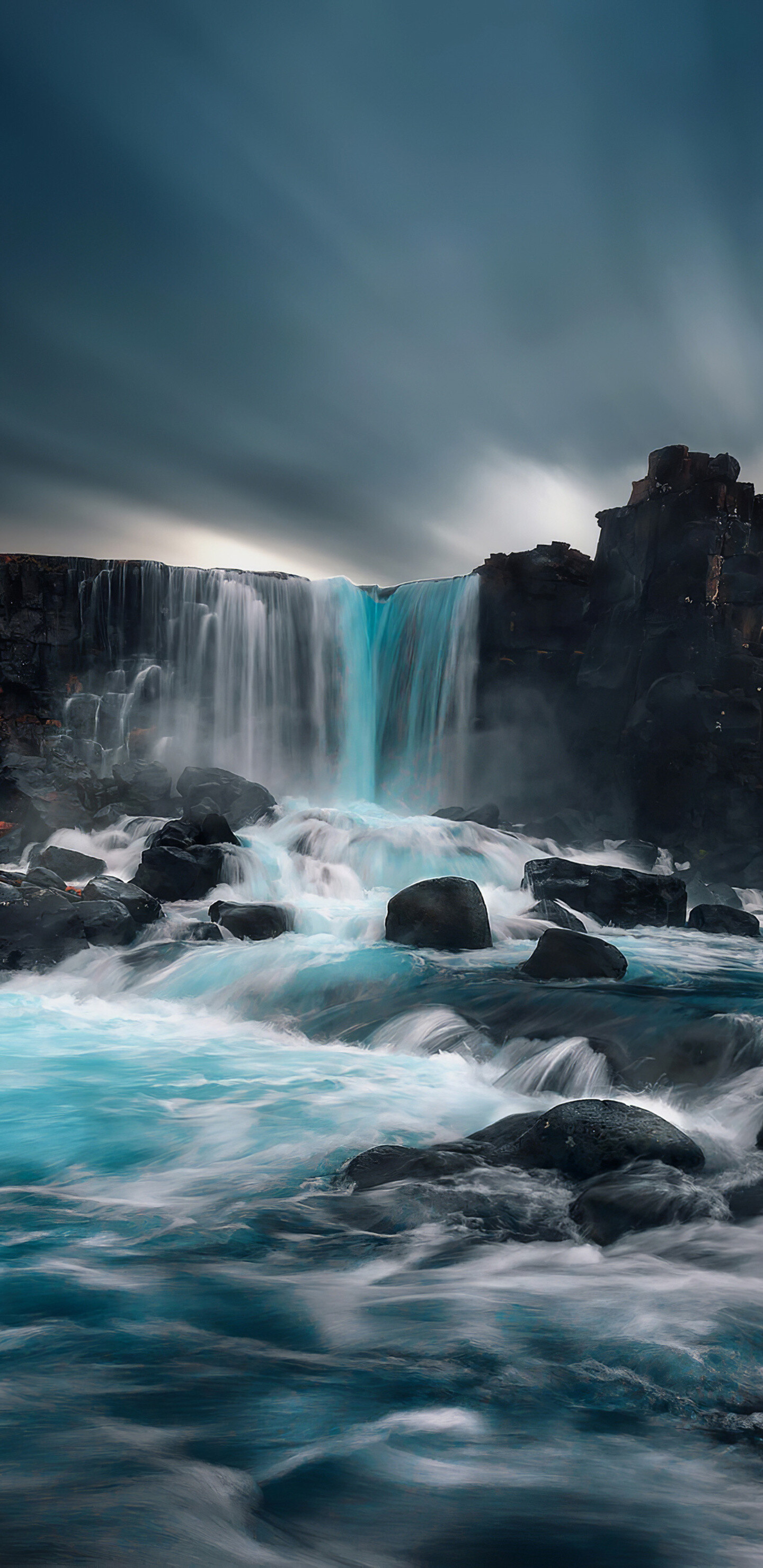 Rocks under waterfall, Samsung Galaxy wallpaper, 4K background, Captivating imagery, 1440x2960 HD Phone