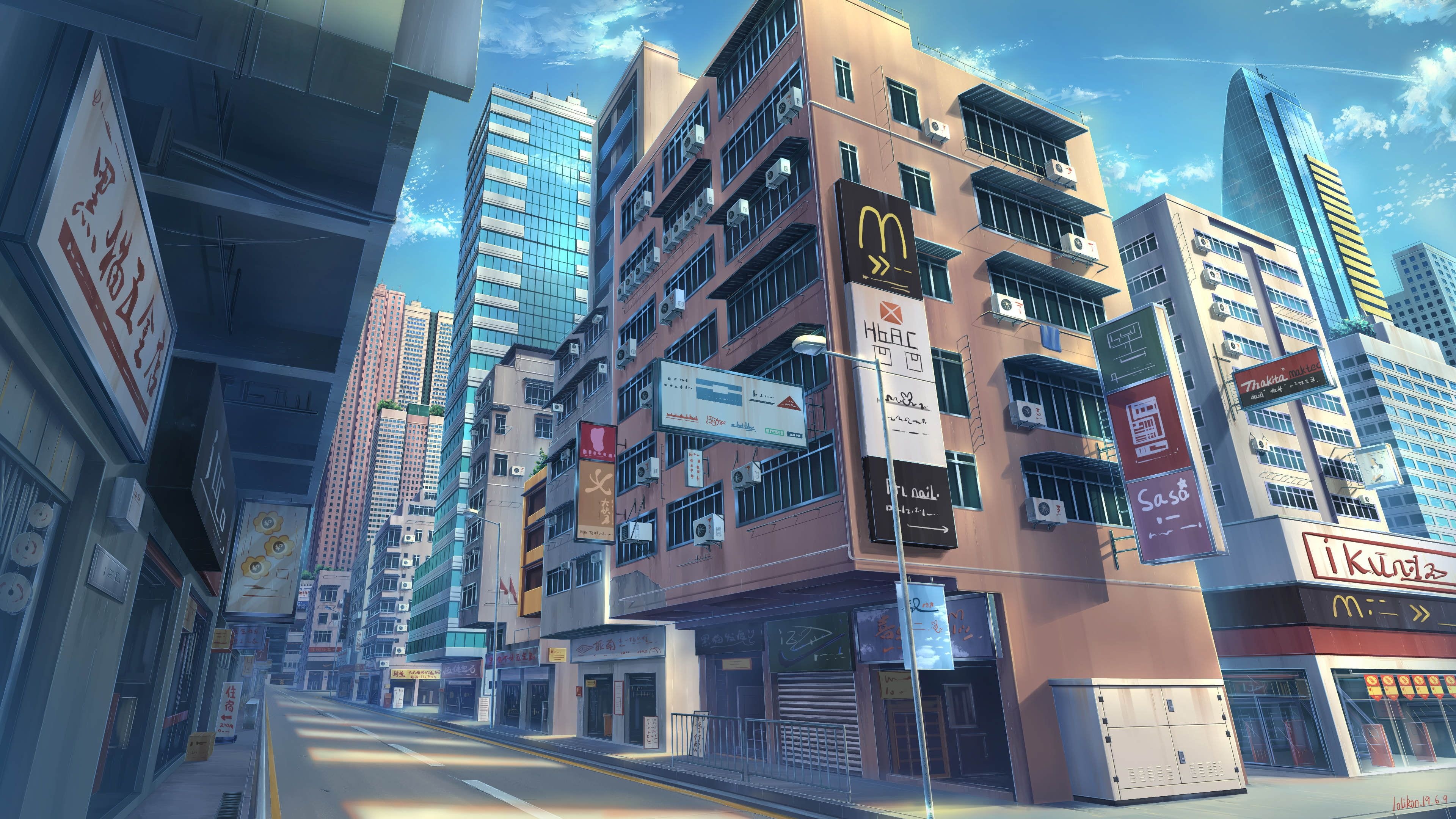 Hong Kong anime cityscape, Sasa commercial signage, multi-story tong lau buildings, 4K Desktop wallpaper