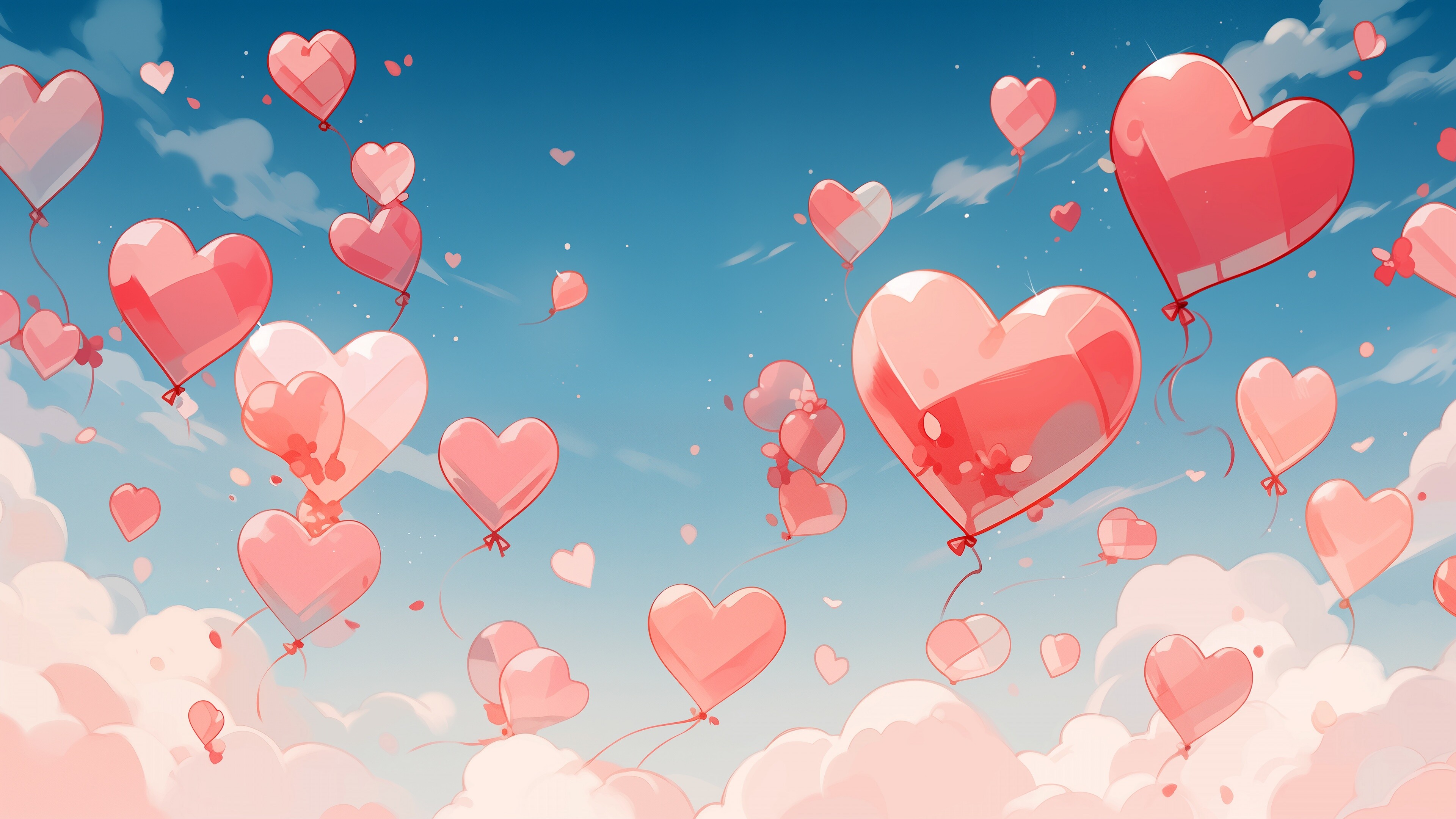 Love Hearts, Balloons, Anime Background, 4K Wallpaper, Desktop