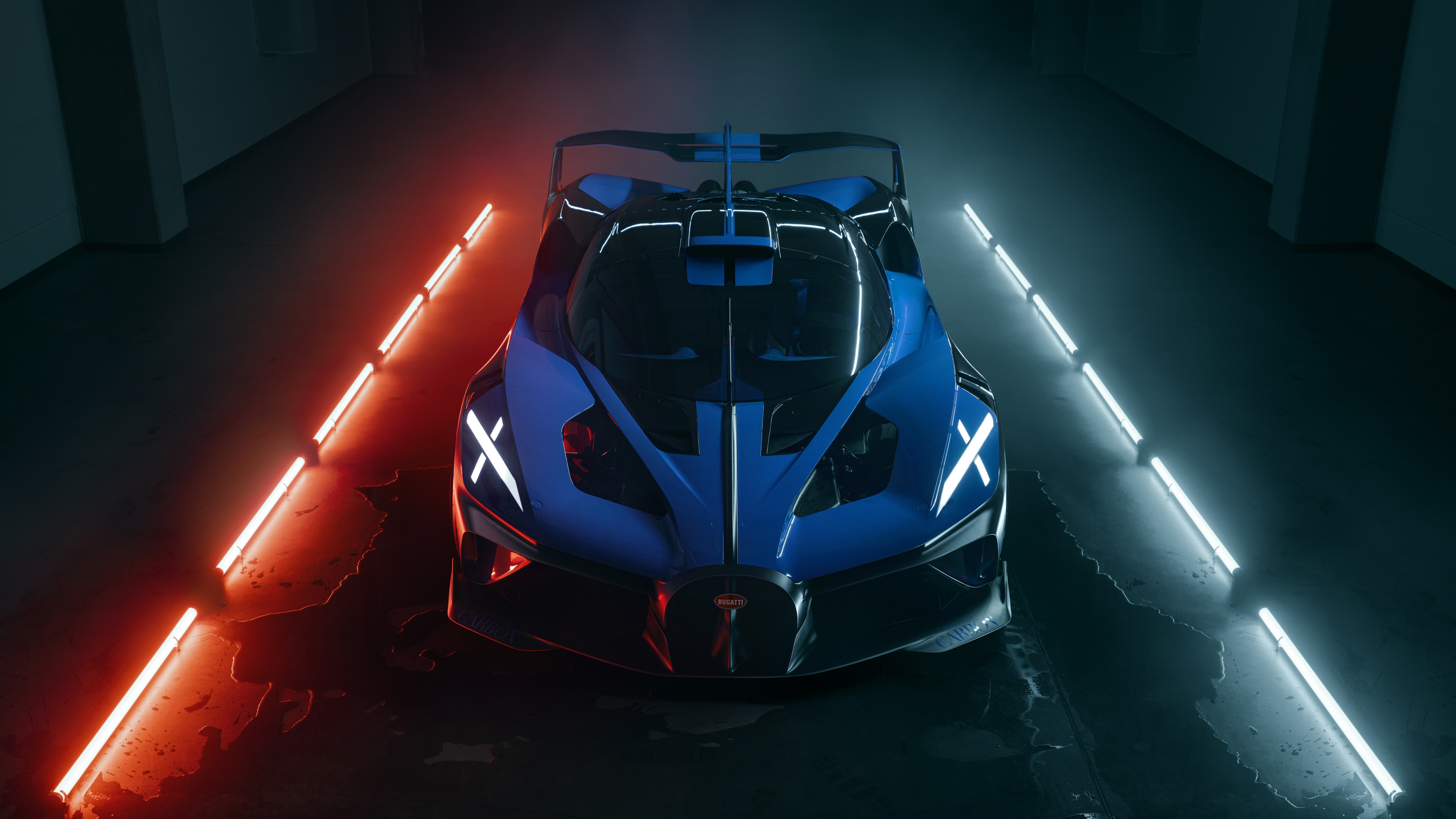 Bugatti Bolide, X-shaped LED headlights, neon light tubes, 4K Desktop wallpaper