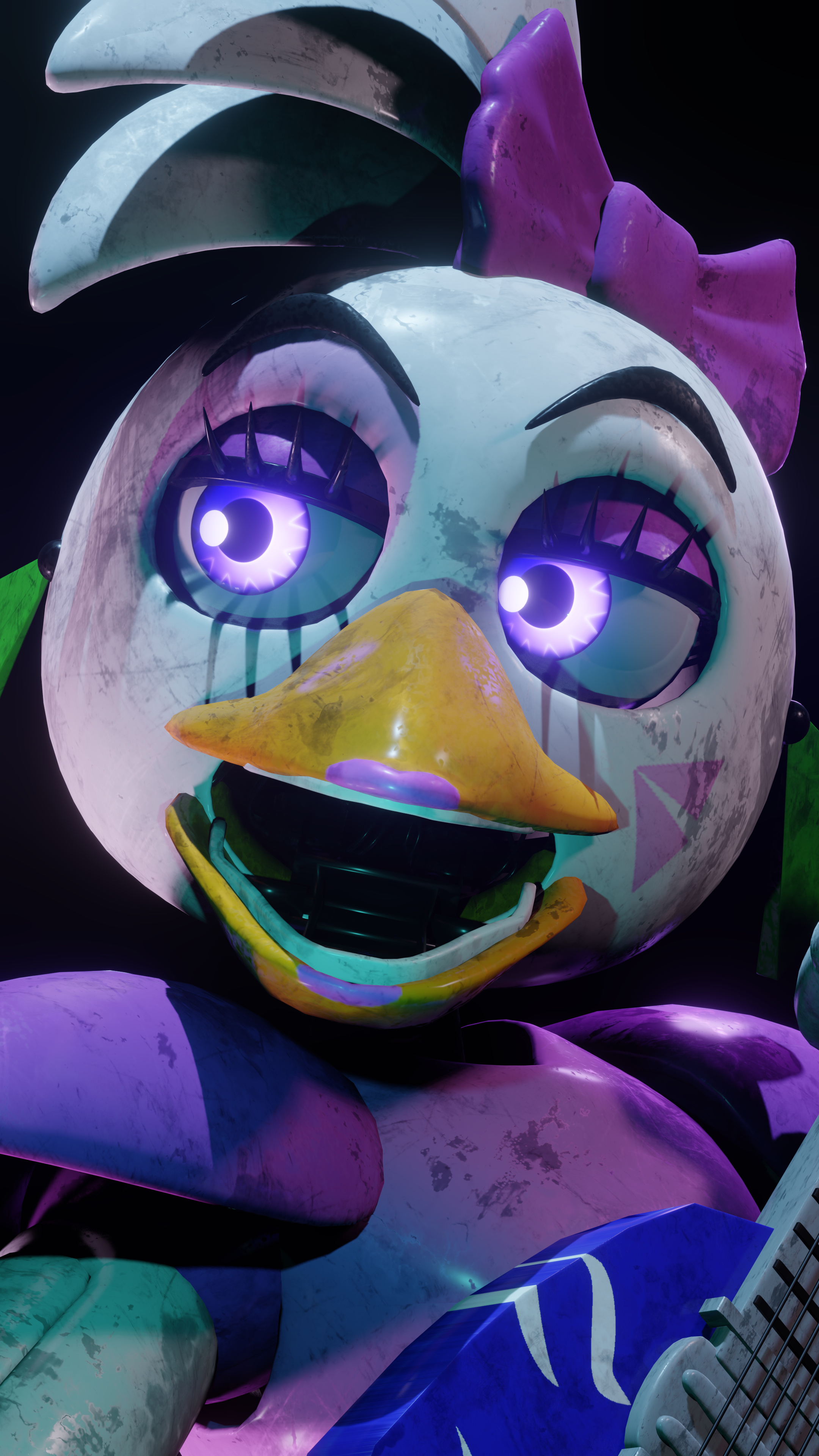 Glamrock Chica, Five Nights at Freddy's: Security Breach, Glowing purple animatronic eyes, 4K Phone wallpaper
