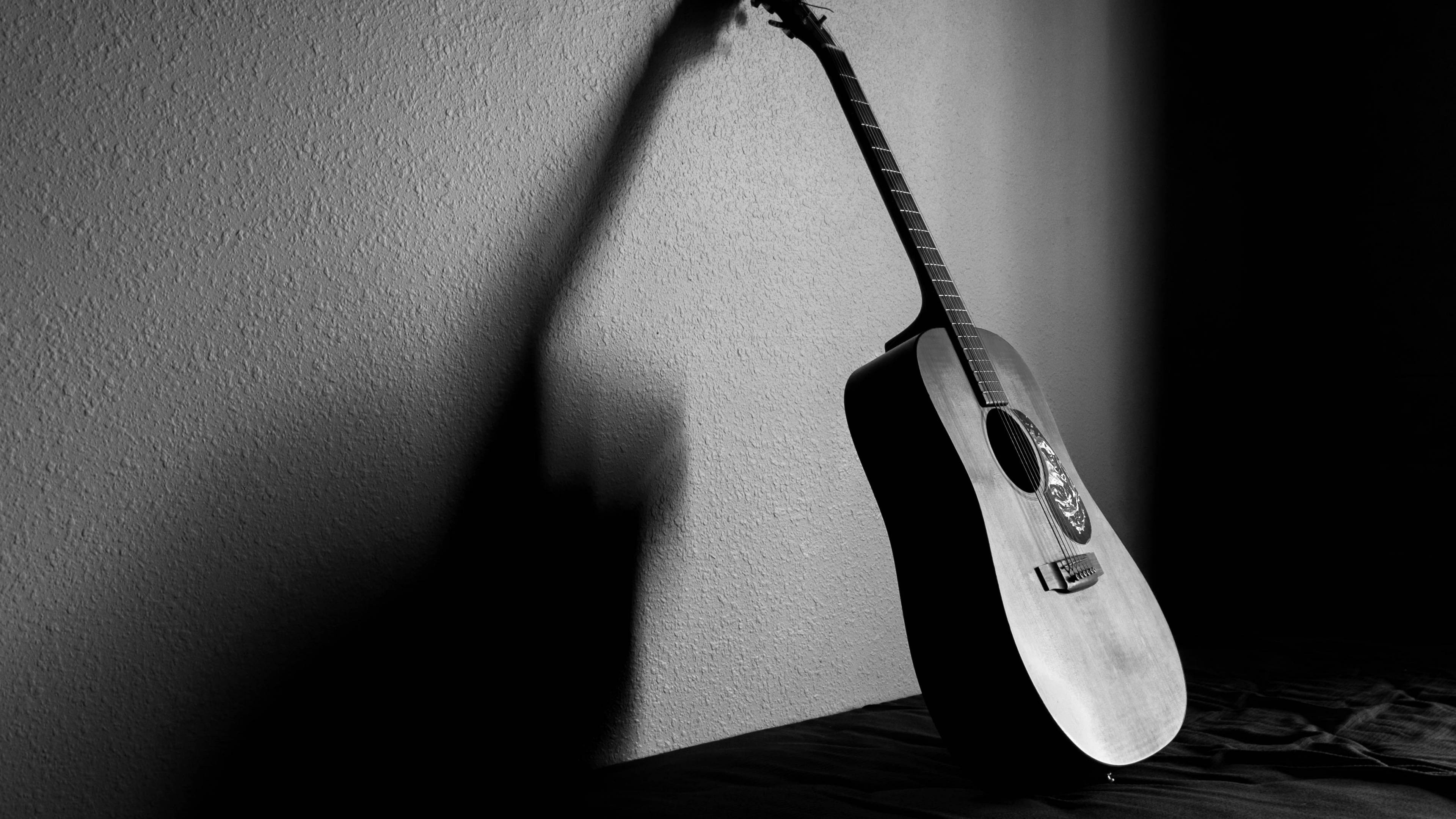 Acoustic guitar, Monochrome photography, Serene beauty, Captivating art, 3840x2160 4K Desktop