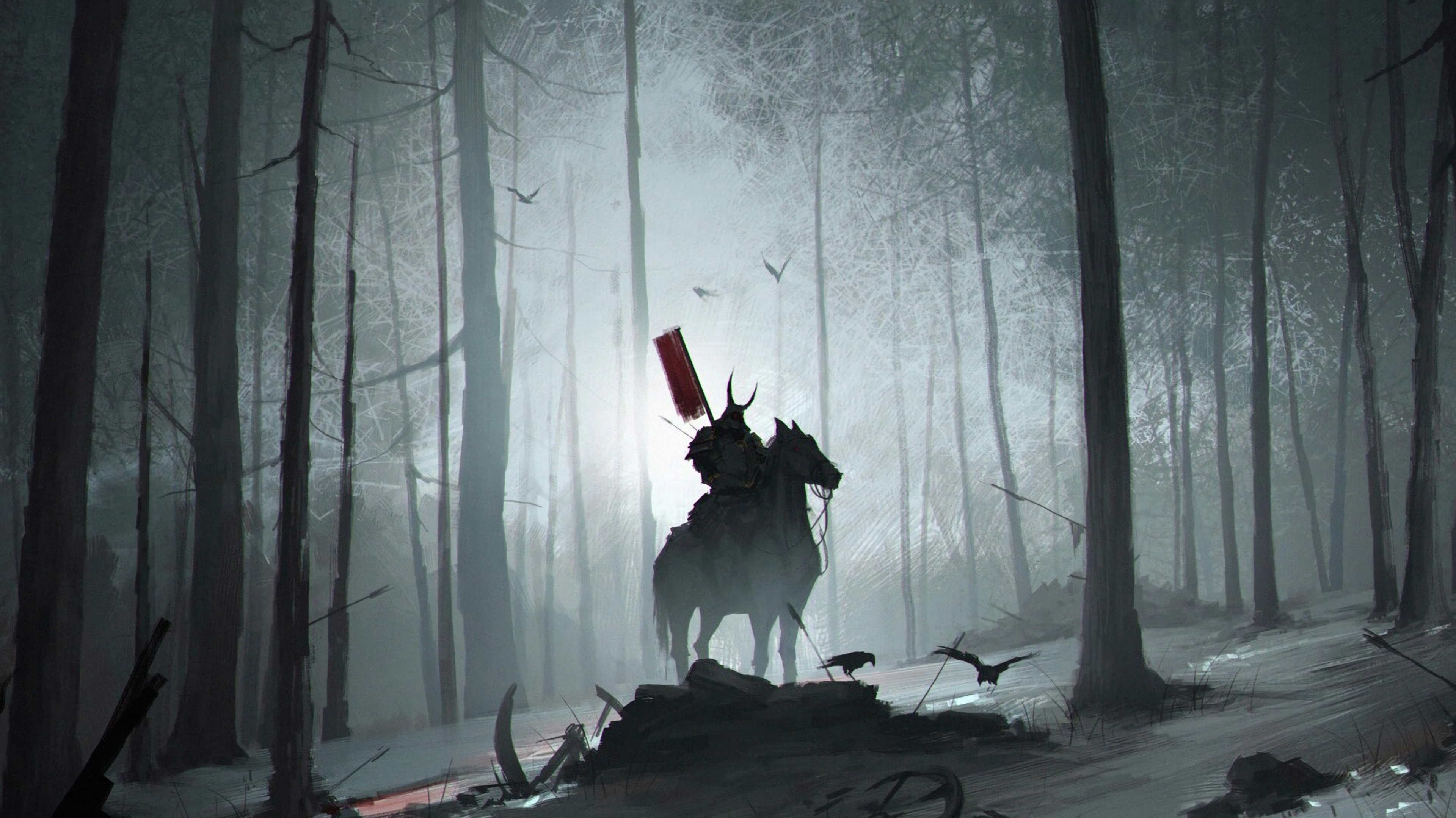 armored samurai on horseback, red sashimono war banner, misty dark winter forest, 4K Desktop wallpaper