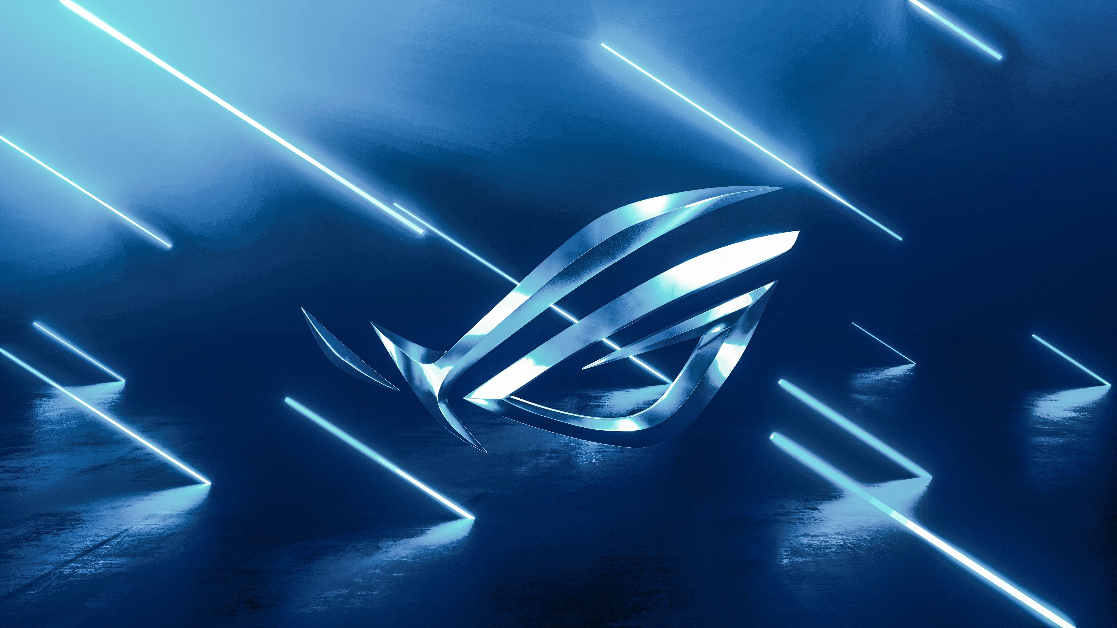 ASUS Republic of Gamers logo, Blue neon light streaks, Chrome metallic emblem, 4K Desktop wallpaper