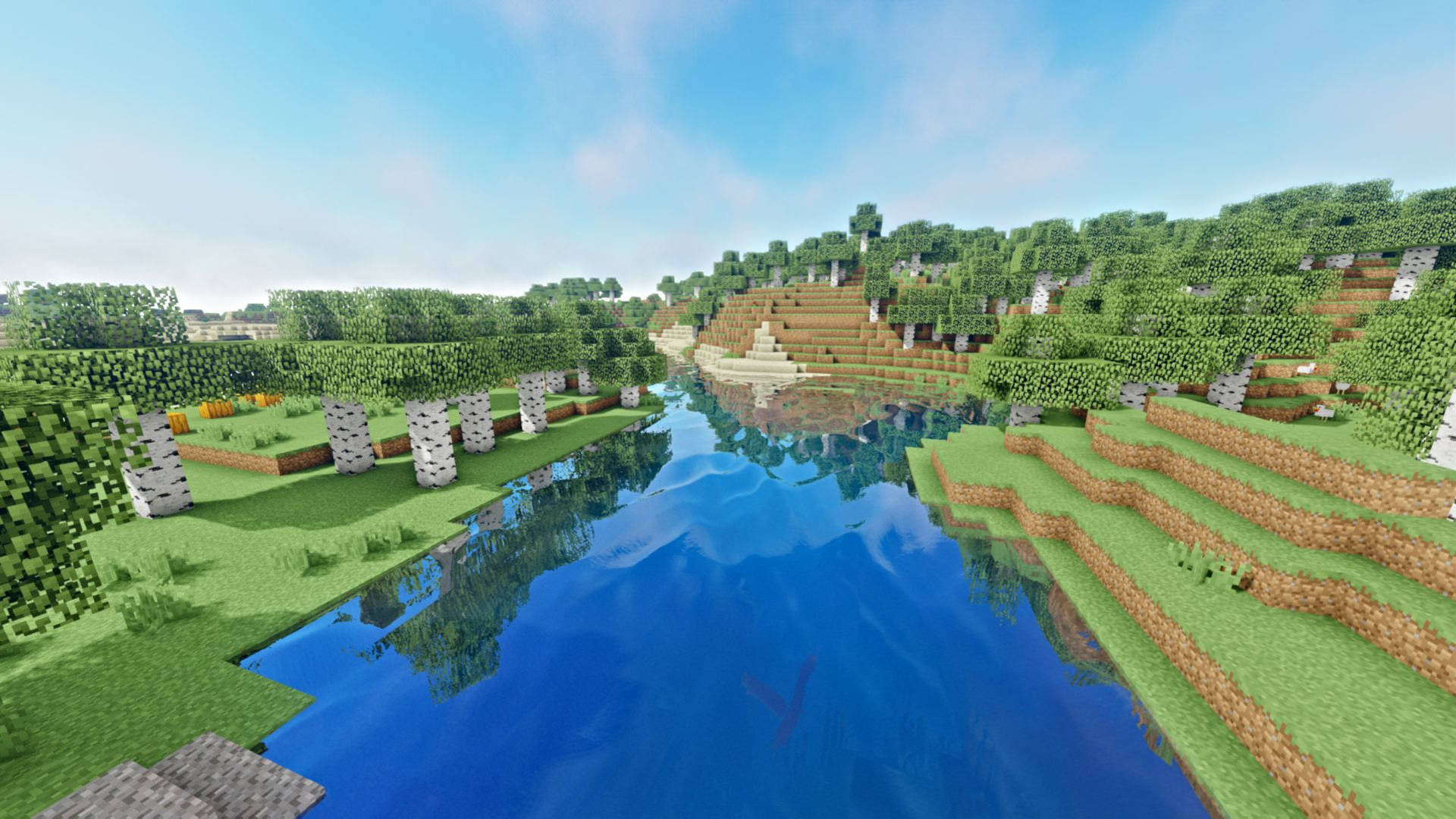 Minecraft birch forest, reflective shader water, grassy block riverbank, Full HD Desktop wallpaper