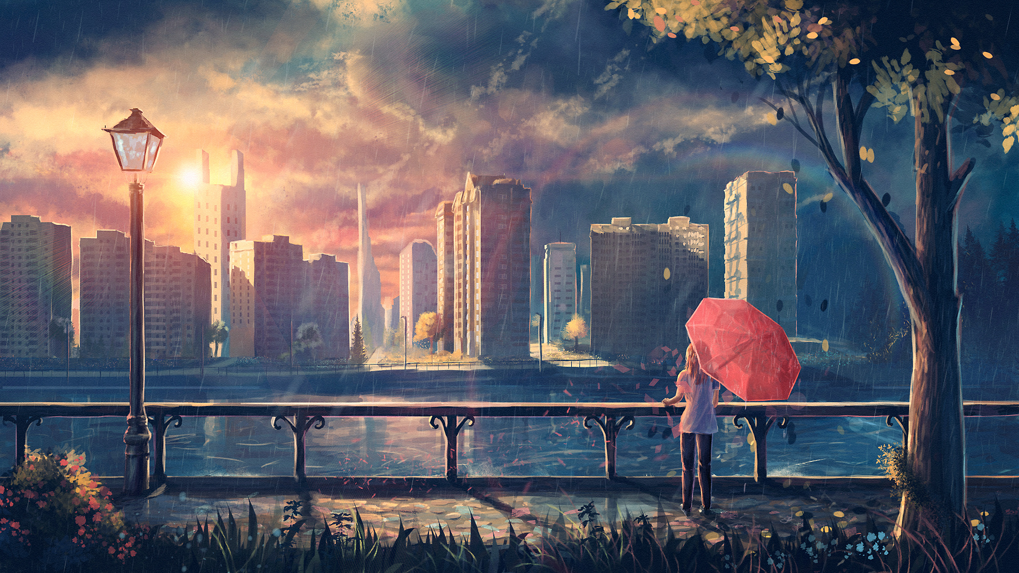 girl holding red umbrella, vintage street lamp post, rainy sunset city skyline, HD Desktop wallpaper