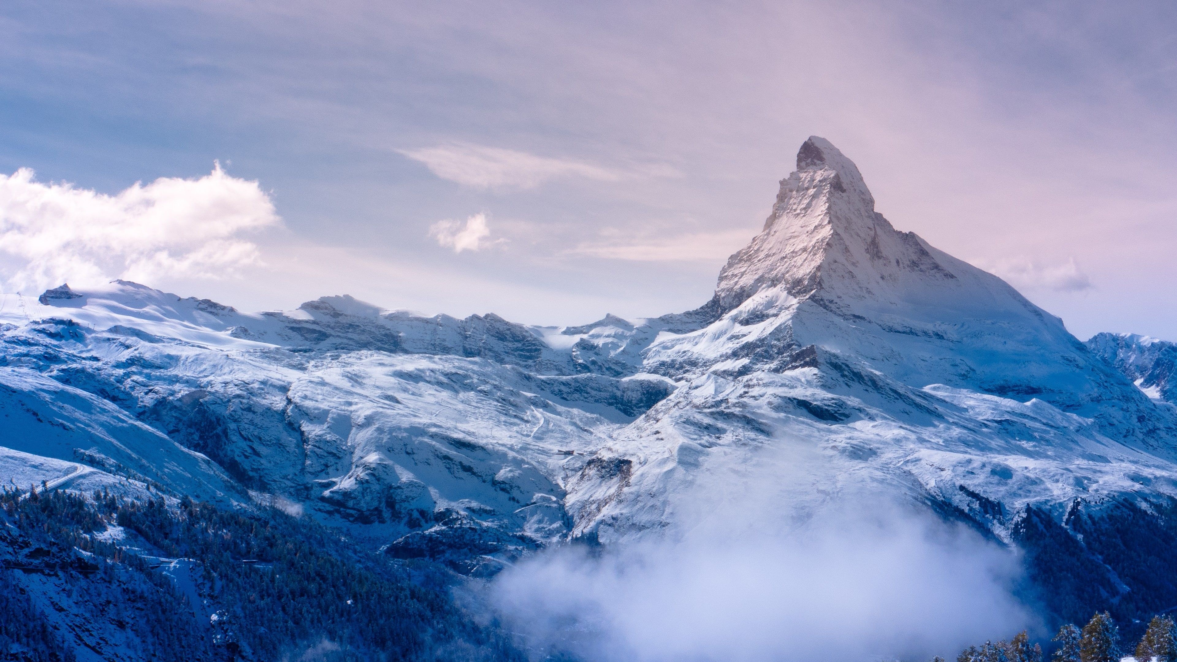 Matterhorn peak, Snowy Swiss Alps ridge, Valley cloud layer, 4K Desktop wallpaper