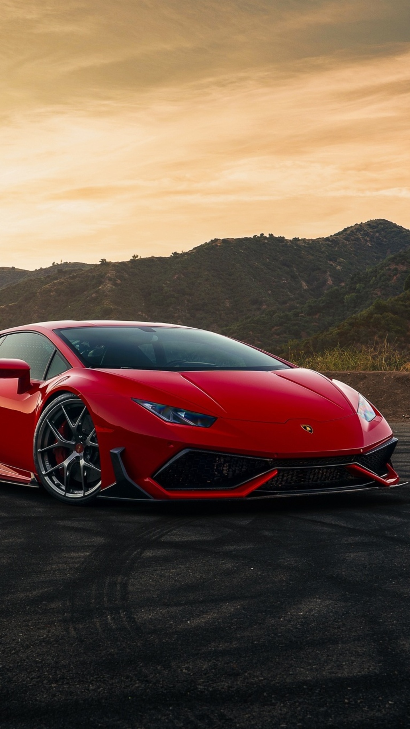 Red Lamborghini Huracan, Tire marks on asphalt, Sunset sky over mountains, HD Phone wallpaper