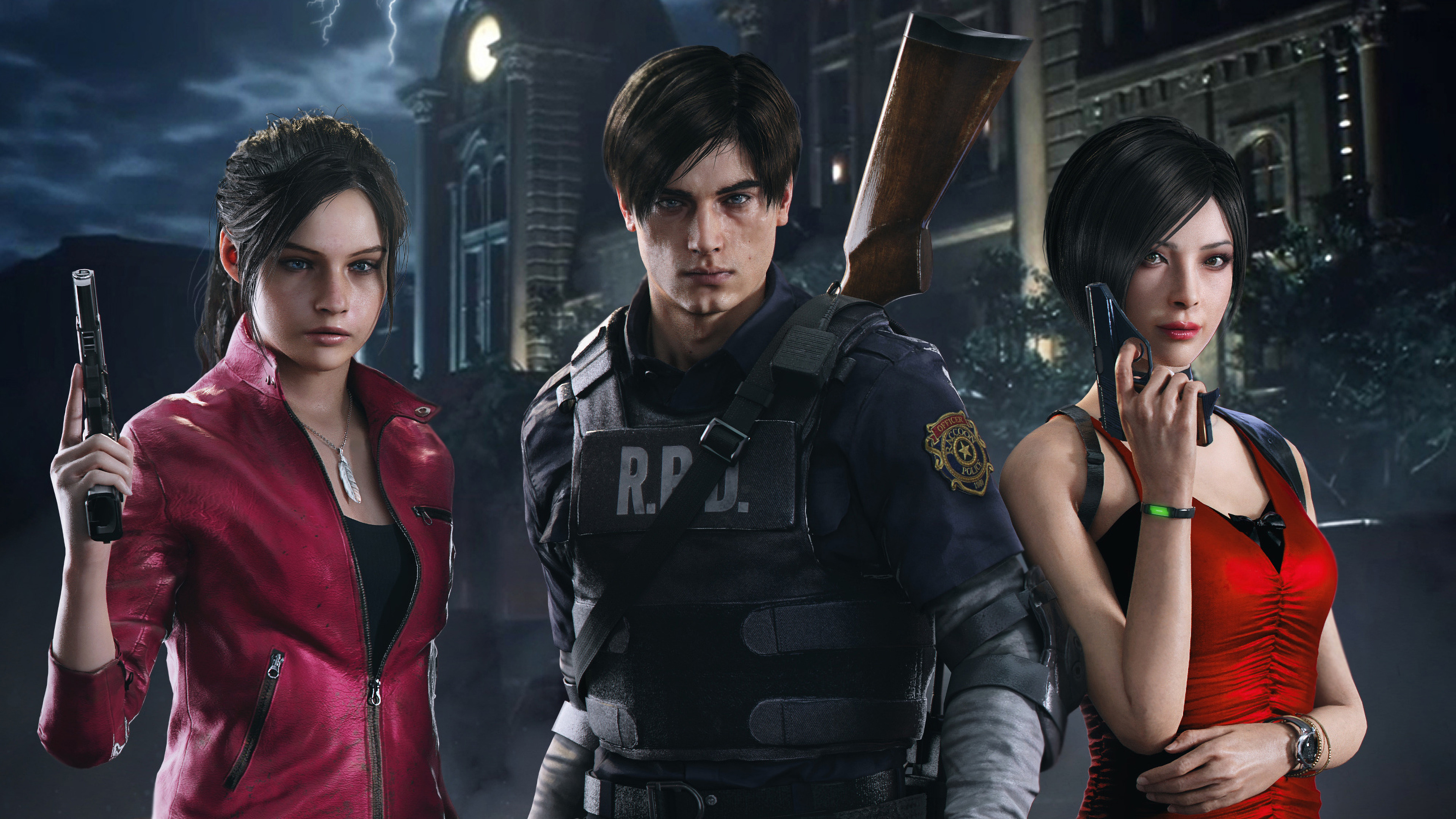 Leon S. Kennedy, Claire Redfield, Ada Wong, Raccoon Police Department, 4K Desktop wallpaper