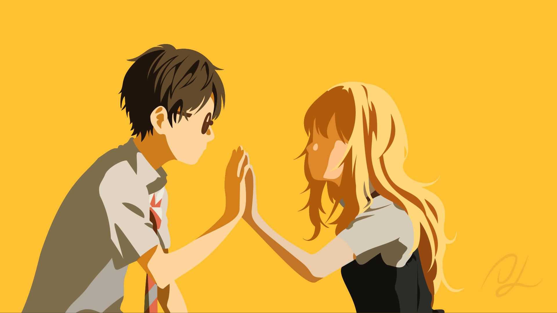 Kousei Arima, Kaori Miyazono, Minimalist yellow illustration, HD Desktop wallpaper