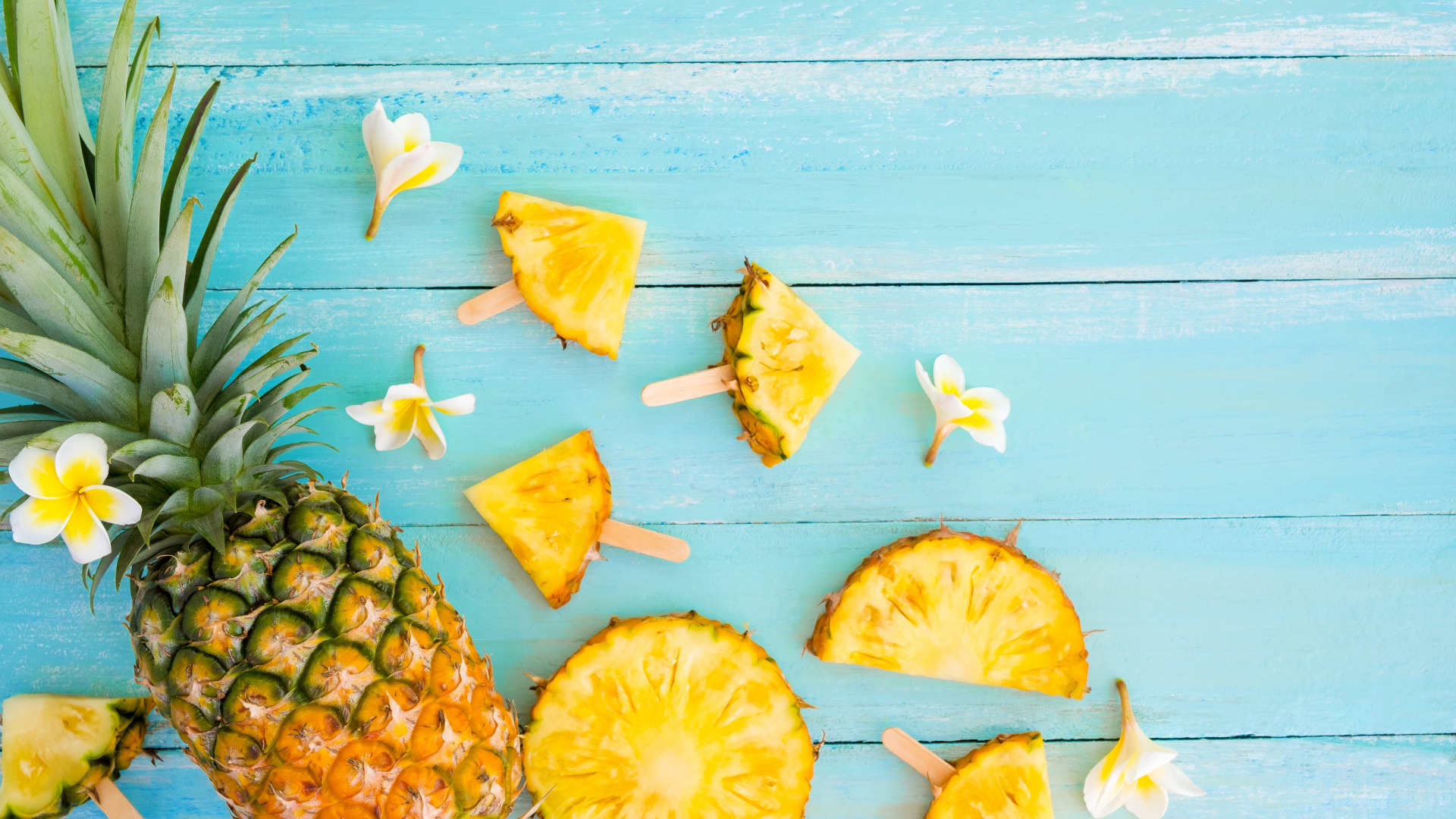 Summer fruit, Pineapple slices, Wooden background, Refreshing, 1920x1080 Full HD Desktop