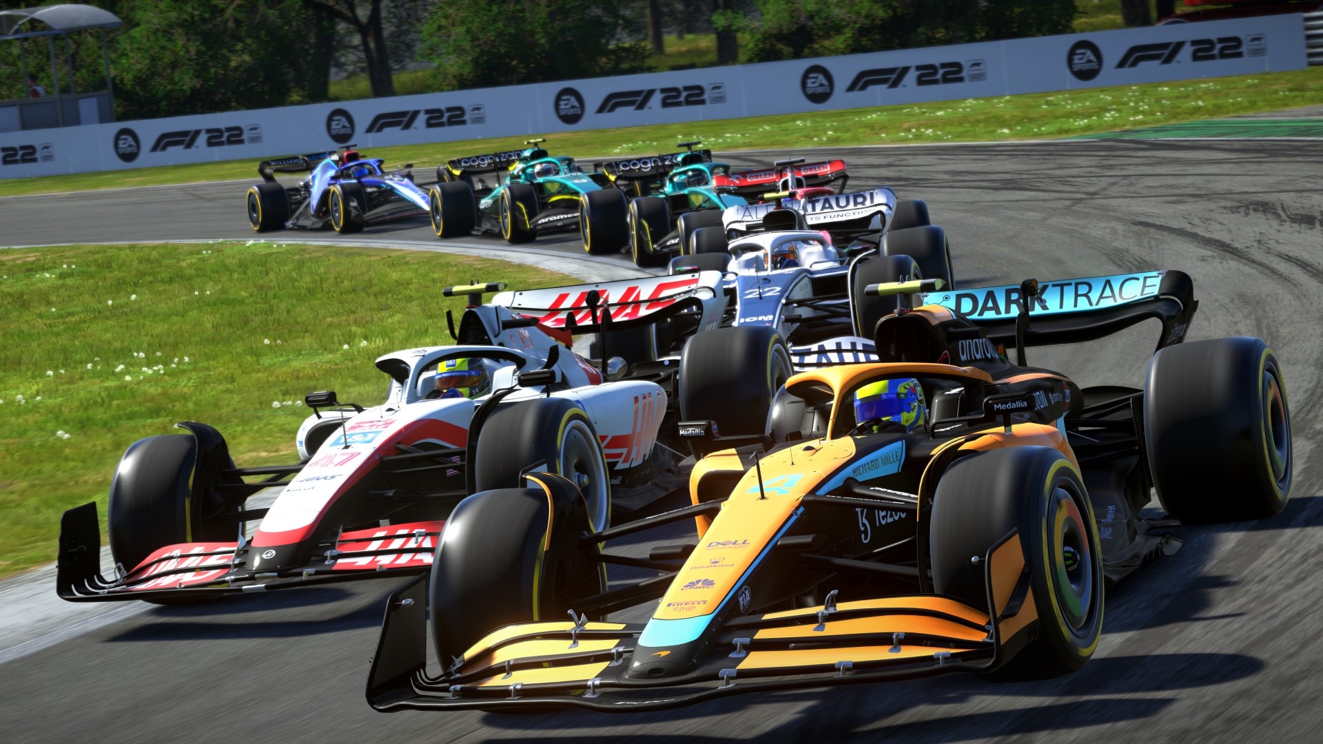 McLaren MCL36 race car, Haas VF-22 race car, Scuderia AlphaTauri AT03, F1 22 video game, Formula One race track, Full HD Desktop wallpaper