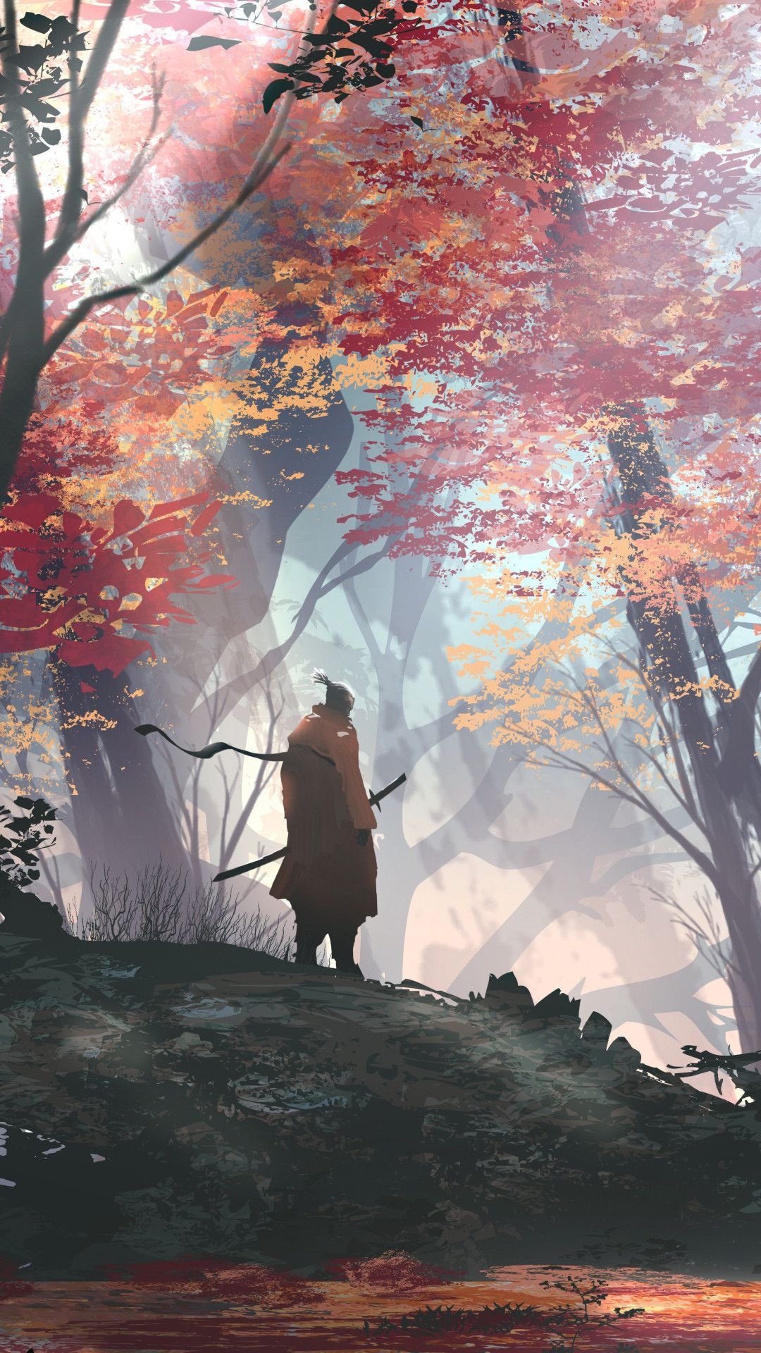 Wolf (Sekiro), autumn maple forest, Kusabimaru sword, Full HD Phone wallpaper