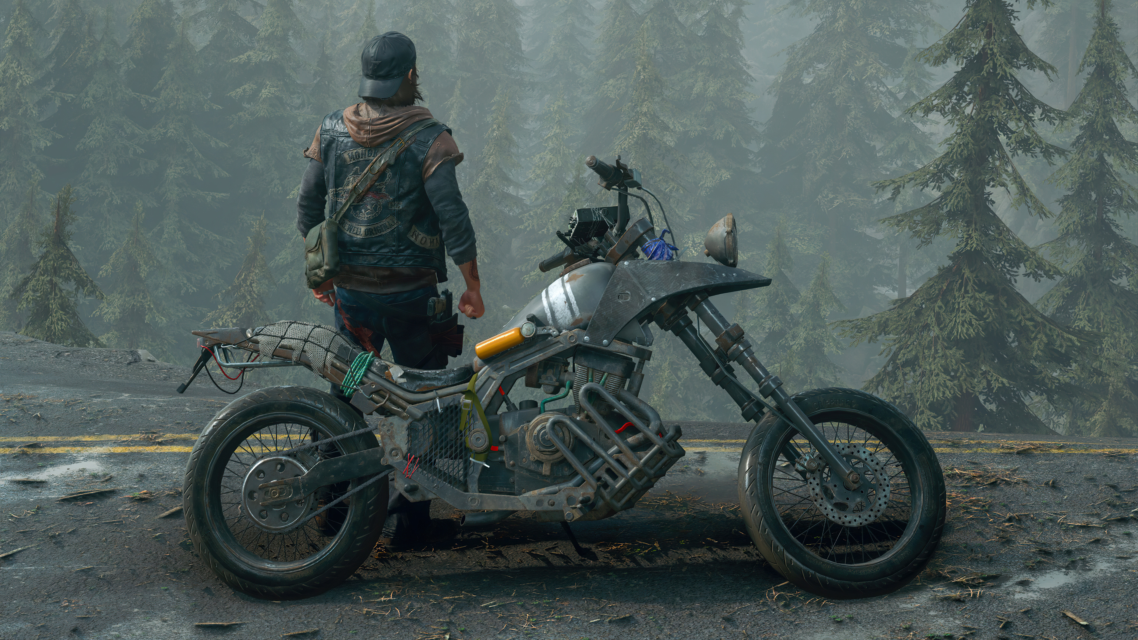 Deacon St. John, Drifter bike, foggy pine forest road, 4K Desktop wallpaper