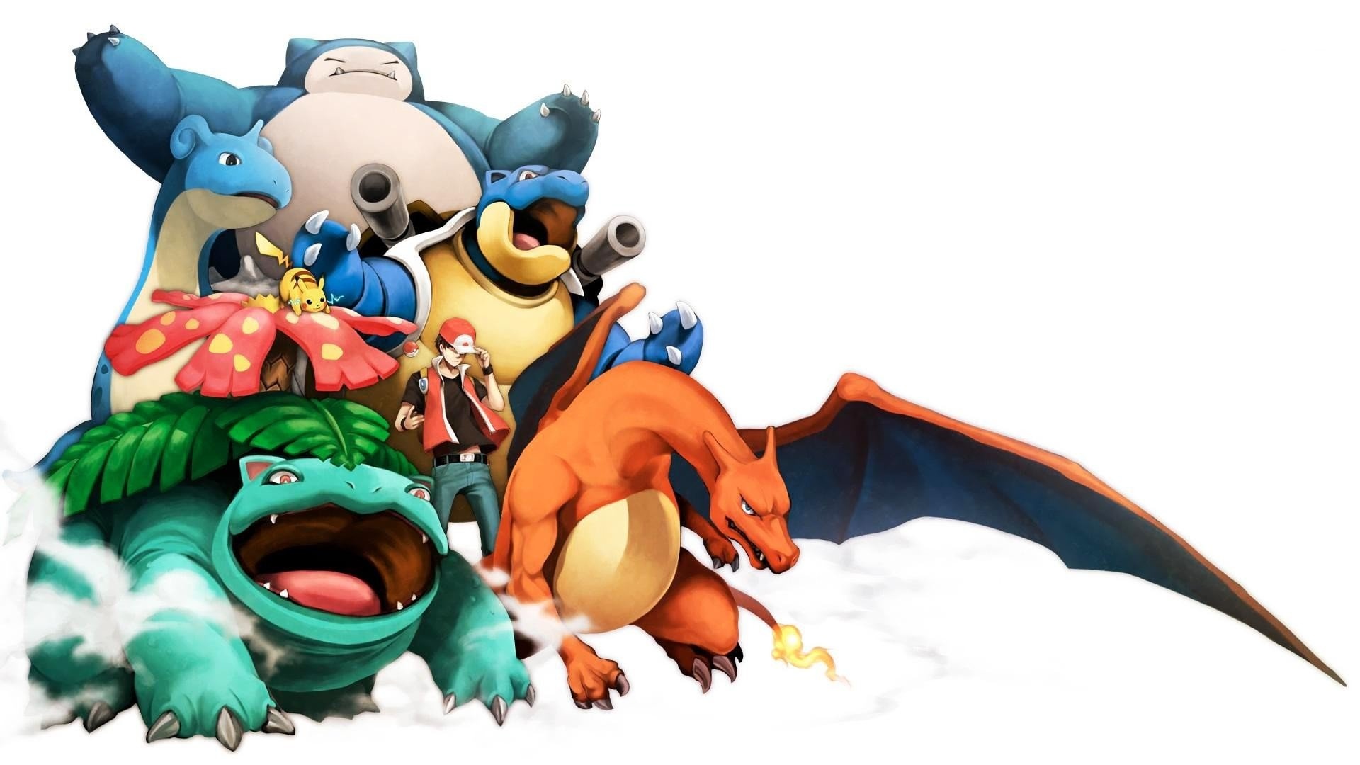 Charizard, Pokemon Trainer Red, Venusaur, Blastoise, Snorlax, Full HD Desktop wallpaper