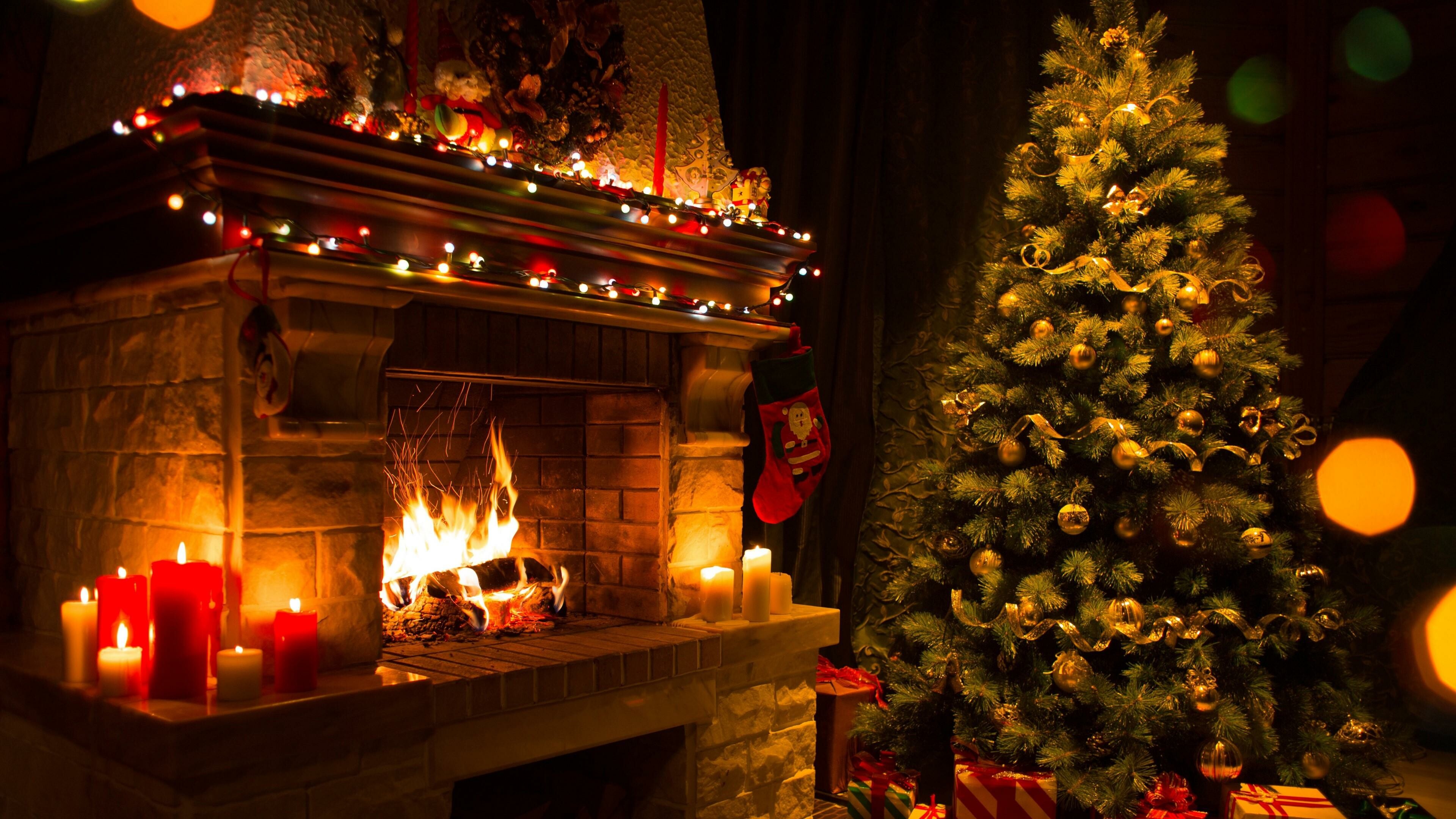 Christmas Fireplace, Festive backgrounds, Fireplace wallpapers, Holiday scenes, 3840x2160 4K Desktop