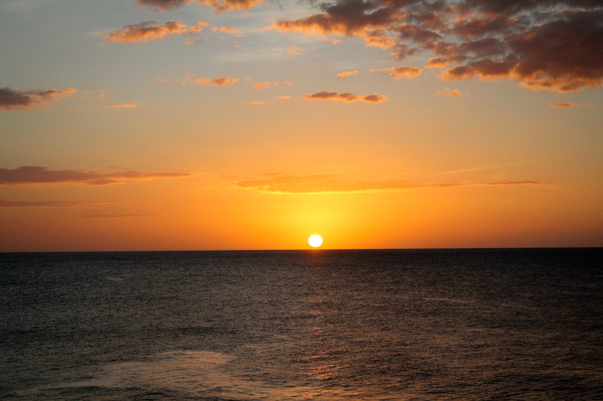 Ocean sunset horizon, Orange dusk clouds, Dark sea water, HD Desktop wallpaper