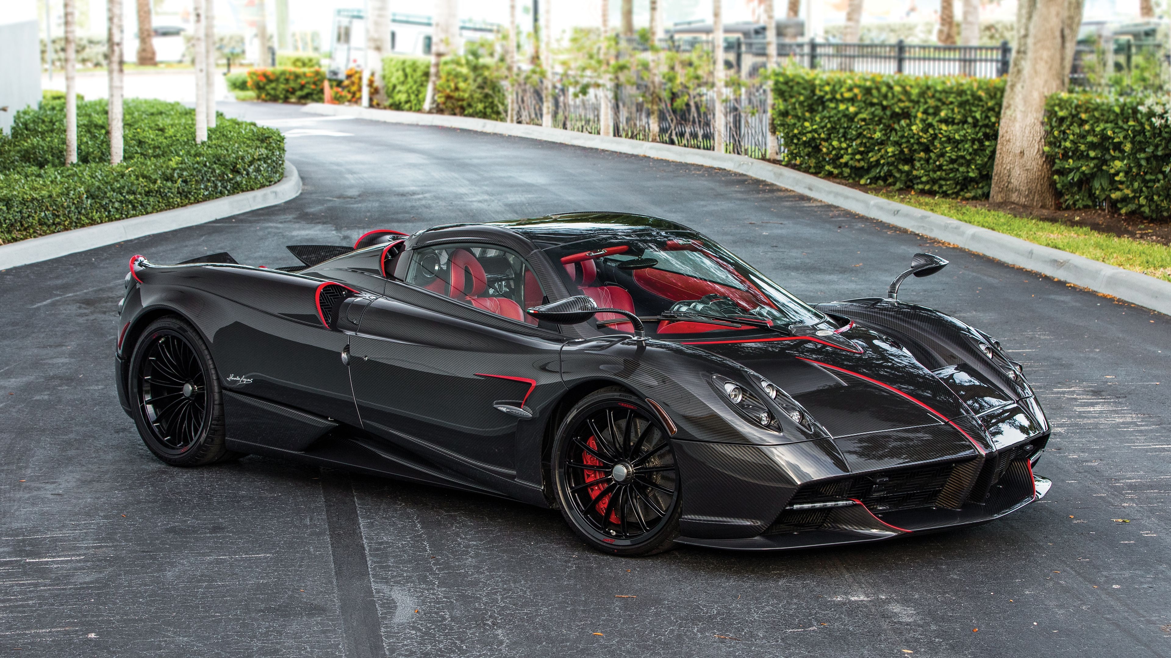 Pagani Huayra Roadster, exposed carbon fiber, red leather interior, 4K Desktop wallpaper