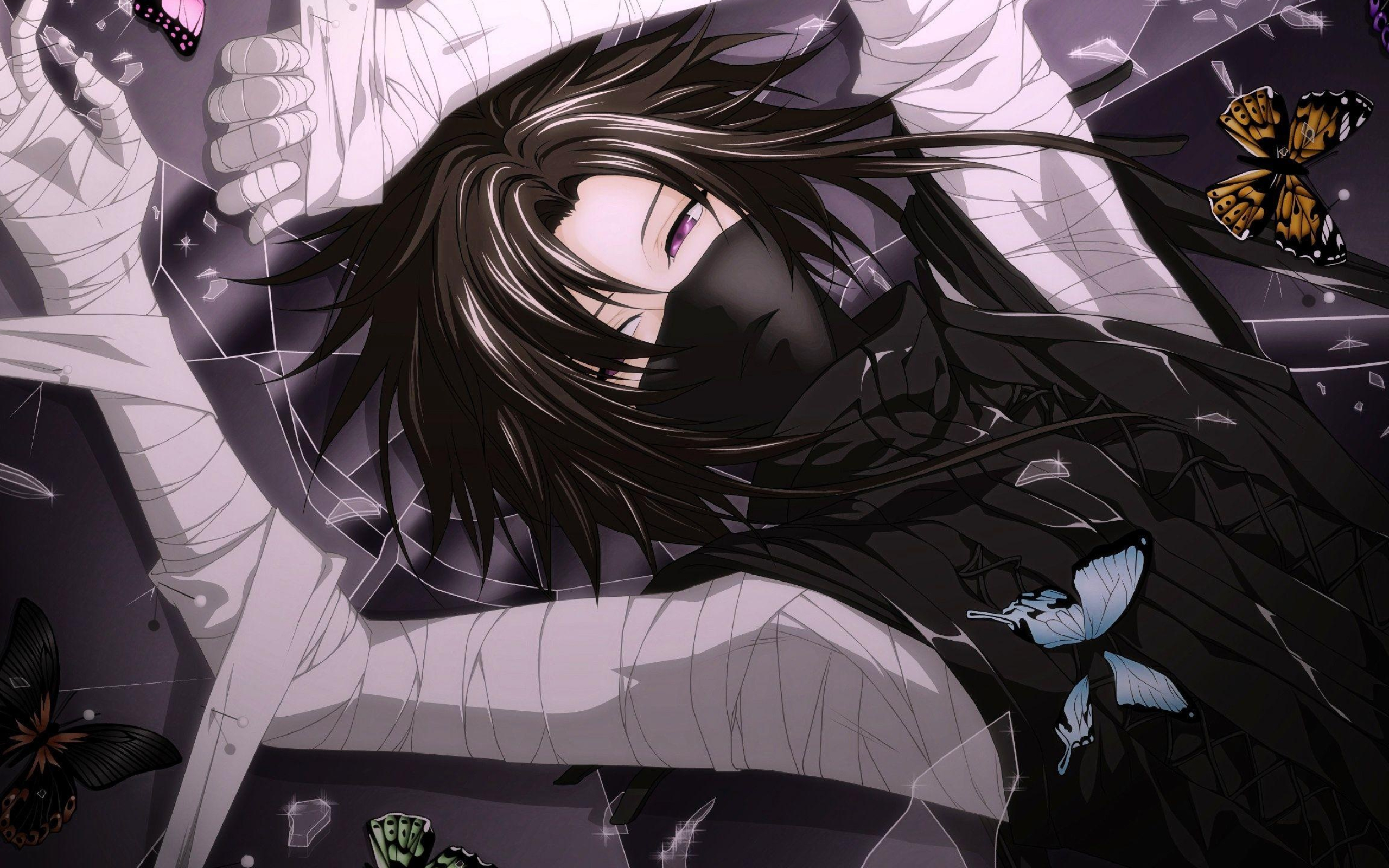 Masked bandaged anime ninja, Shattered mirror shards, Colorful fluttering butterflies, HD Desktop wallpaper