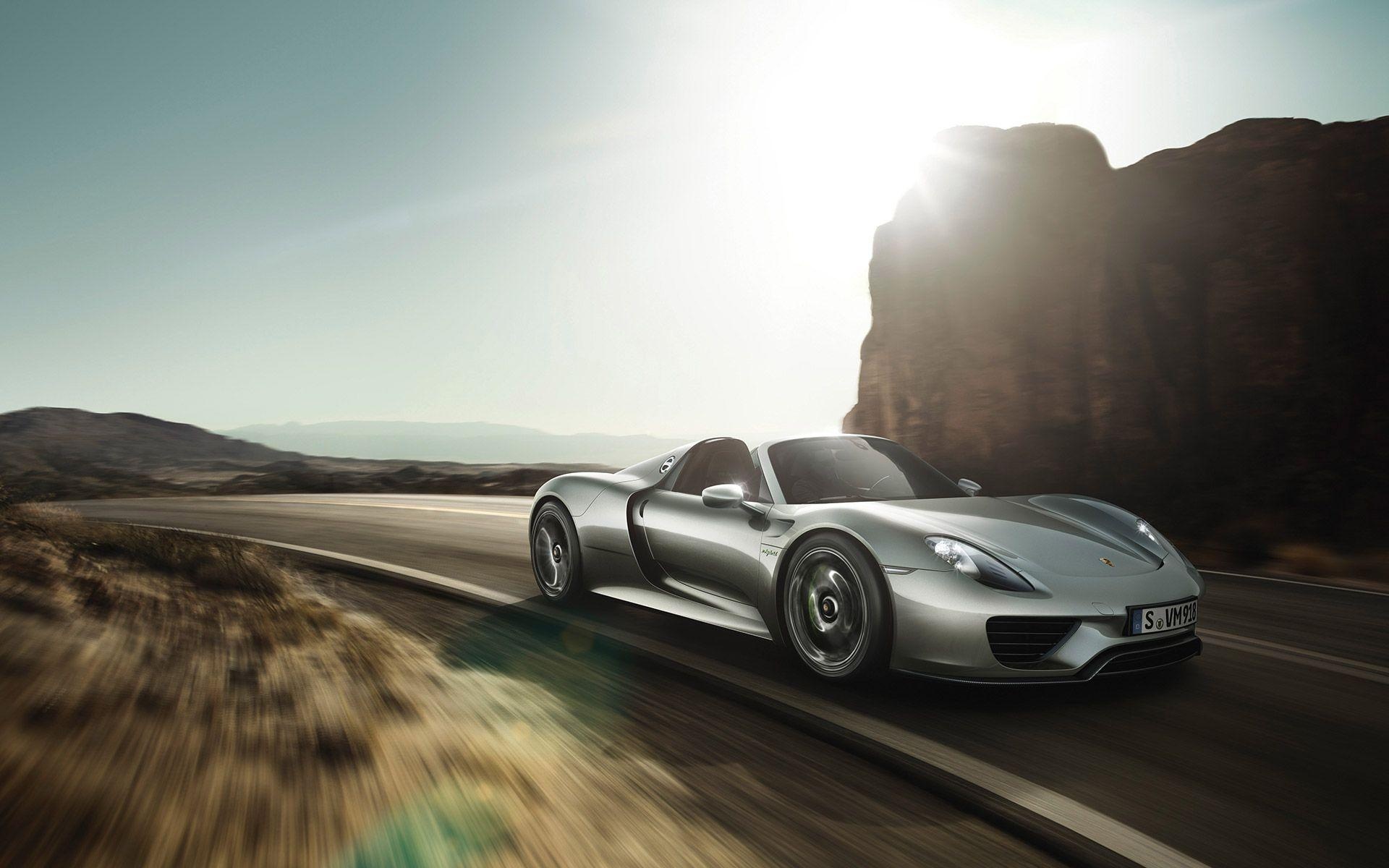 Porsche 918 Spyder, Desert highway road, Sunlit rock formation, HD Desktop wallpaper
