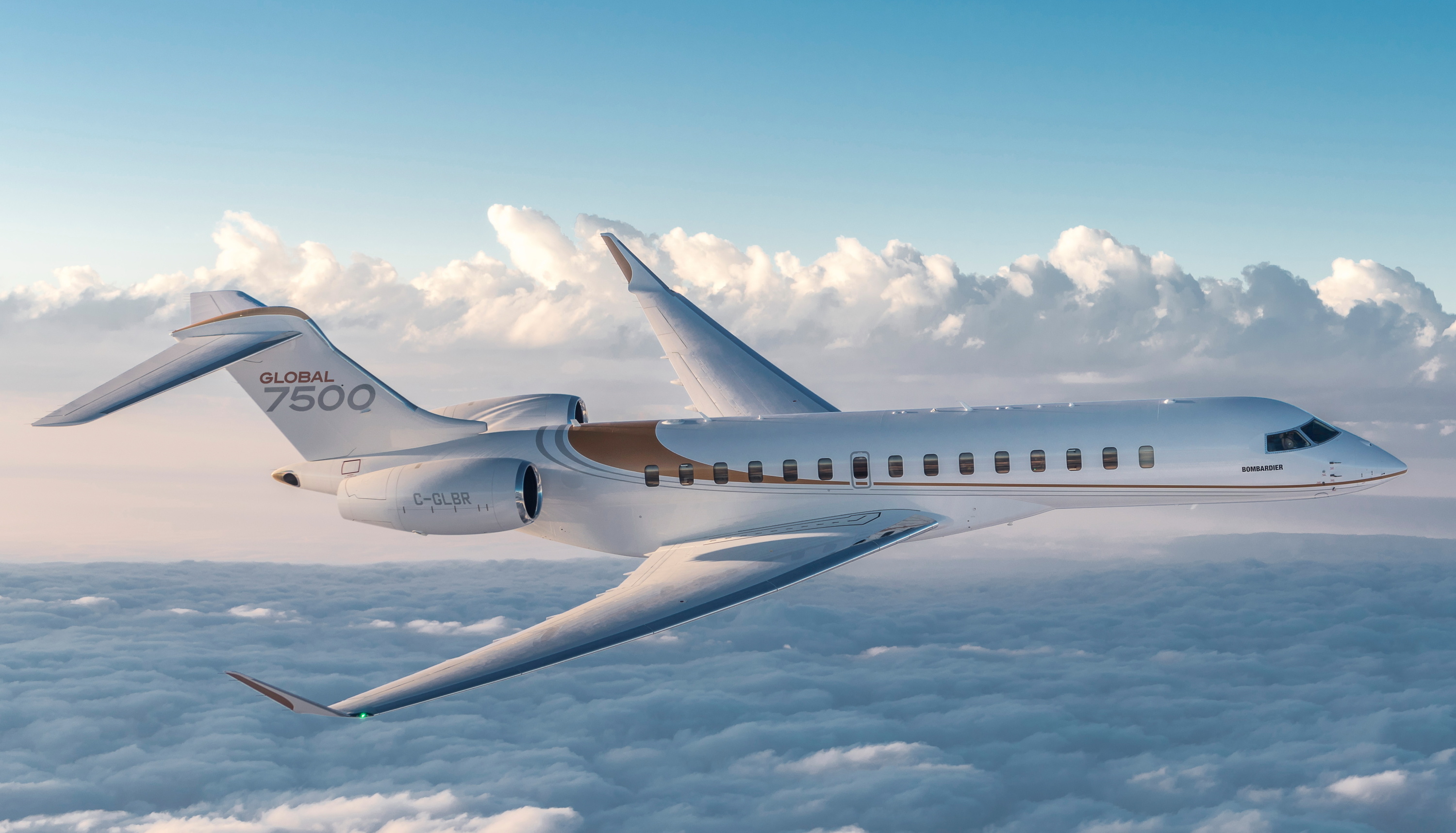 Bombardier Global 7500, Cumulus cloud layer, Blue daytime sky, HD Desktop wallpaper