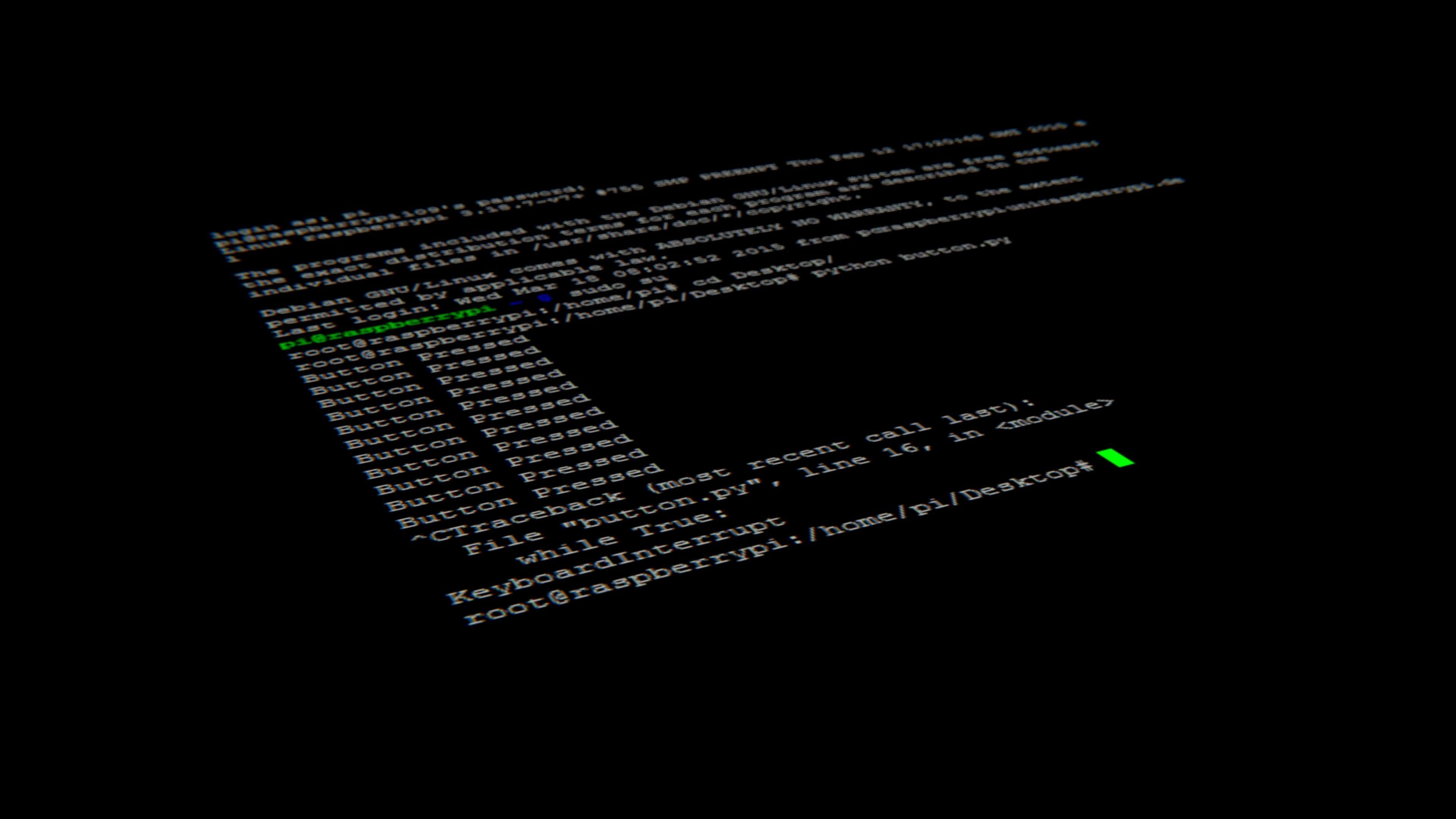 "root@raspberrypi" terminal text, Python script KeyboardInterrupt error, angled command-line interface, 4K Desktop wallpaper