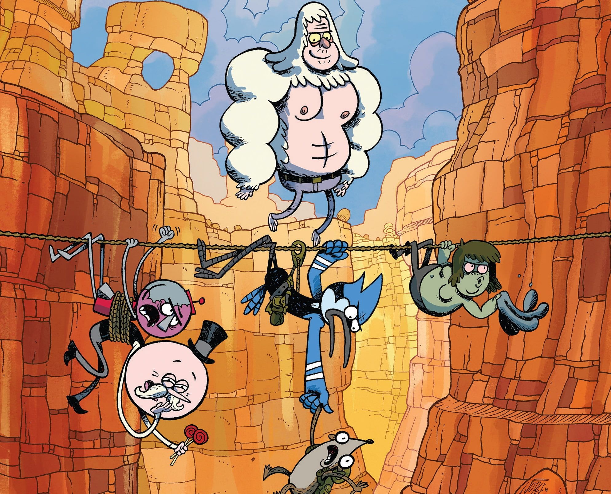 Skips floating over canyon, Mordecai hanging upside down, Benson tangled in rope, Pops holding lollipops, Regular Show, HD Desktop wallpaper