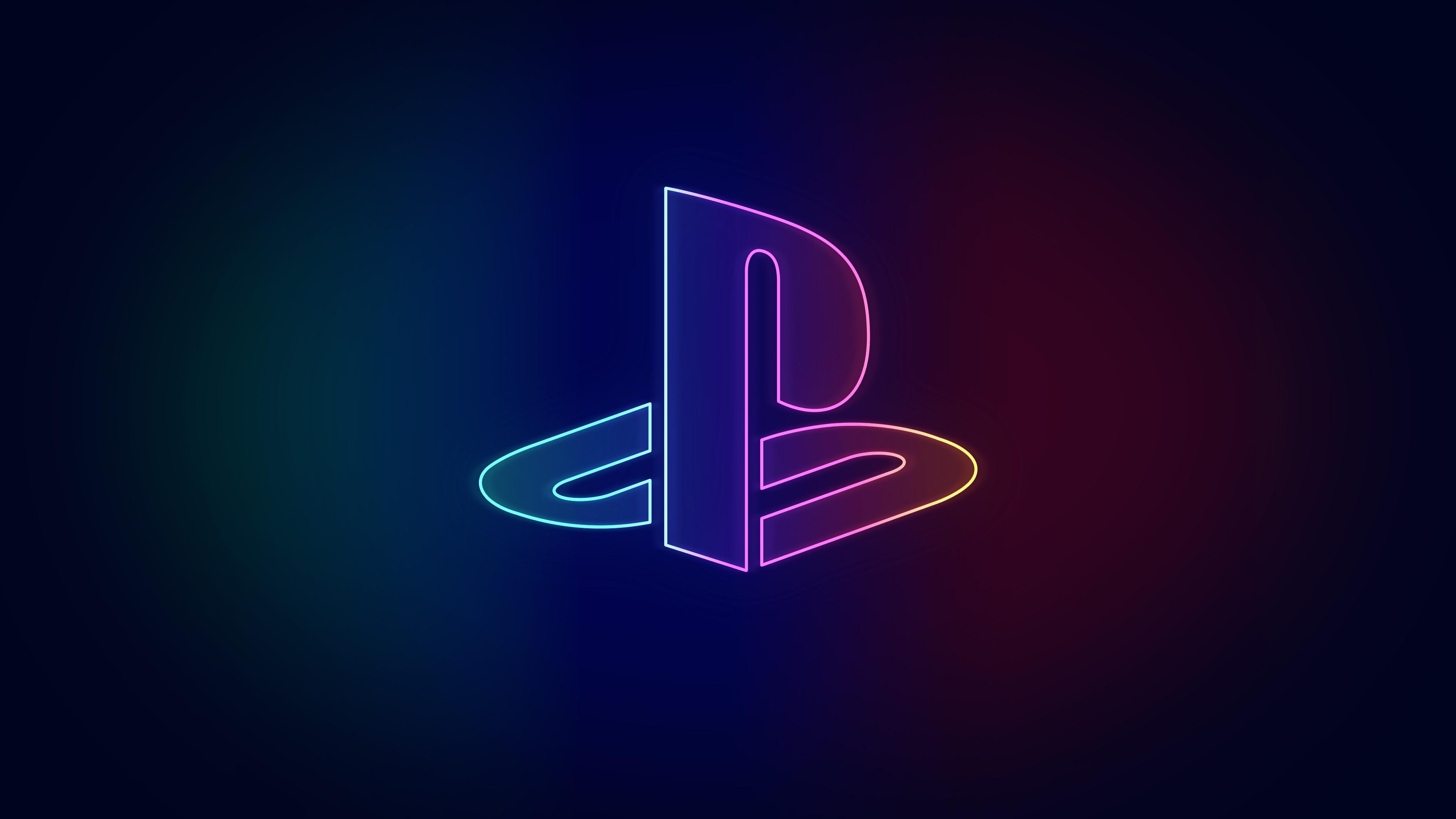 PlayStation logo outline, Neon gradient glow, Dark blue backdrop, 4K Desktop wallpaper