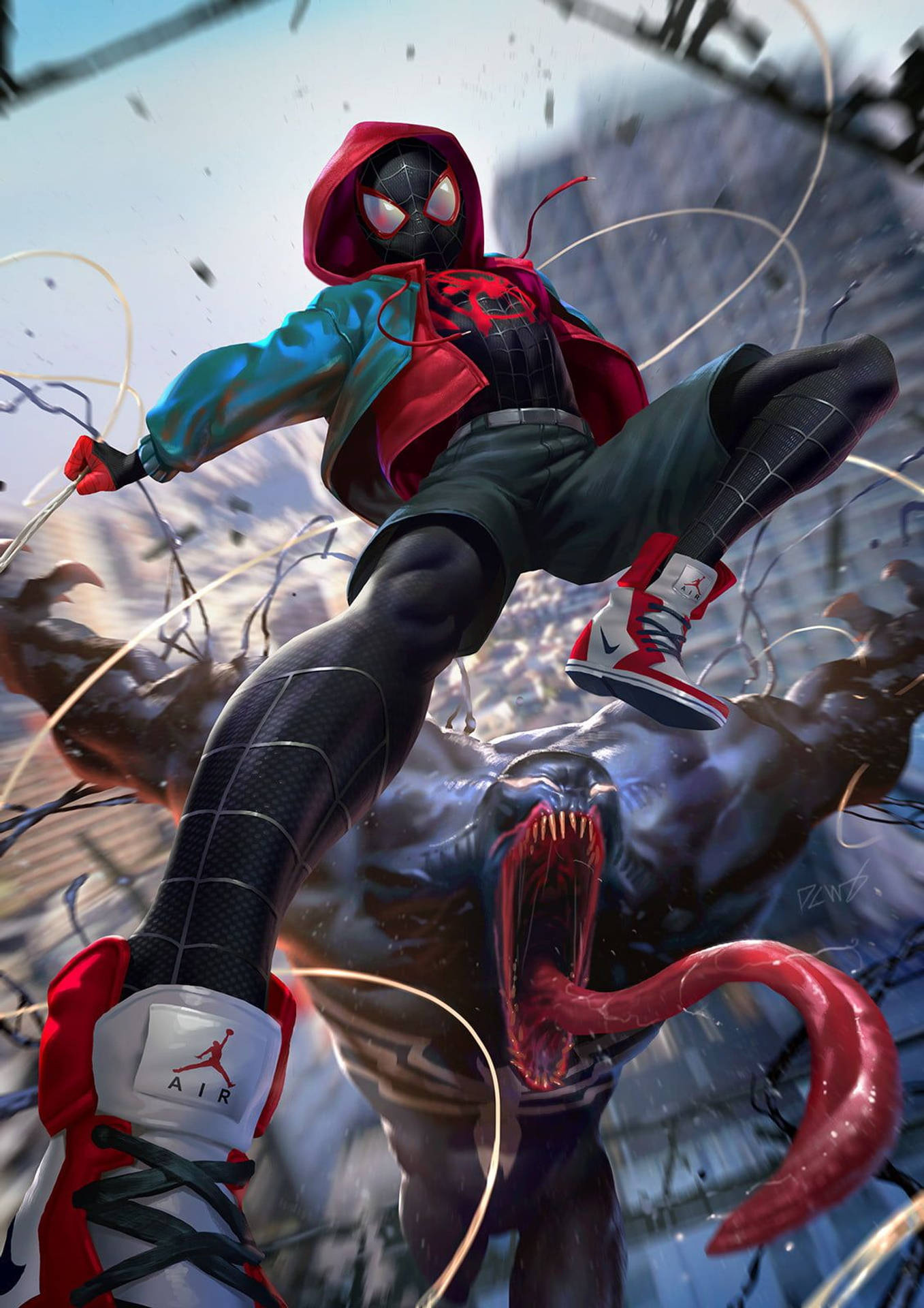 Miles Morales Spider-Man, Venom symbiote, Air Jordan 1 sneakers, HD Phone wallpaper