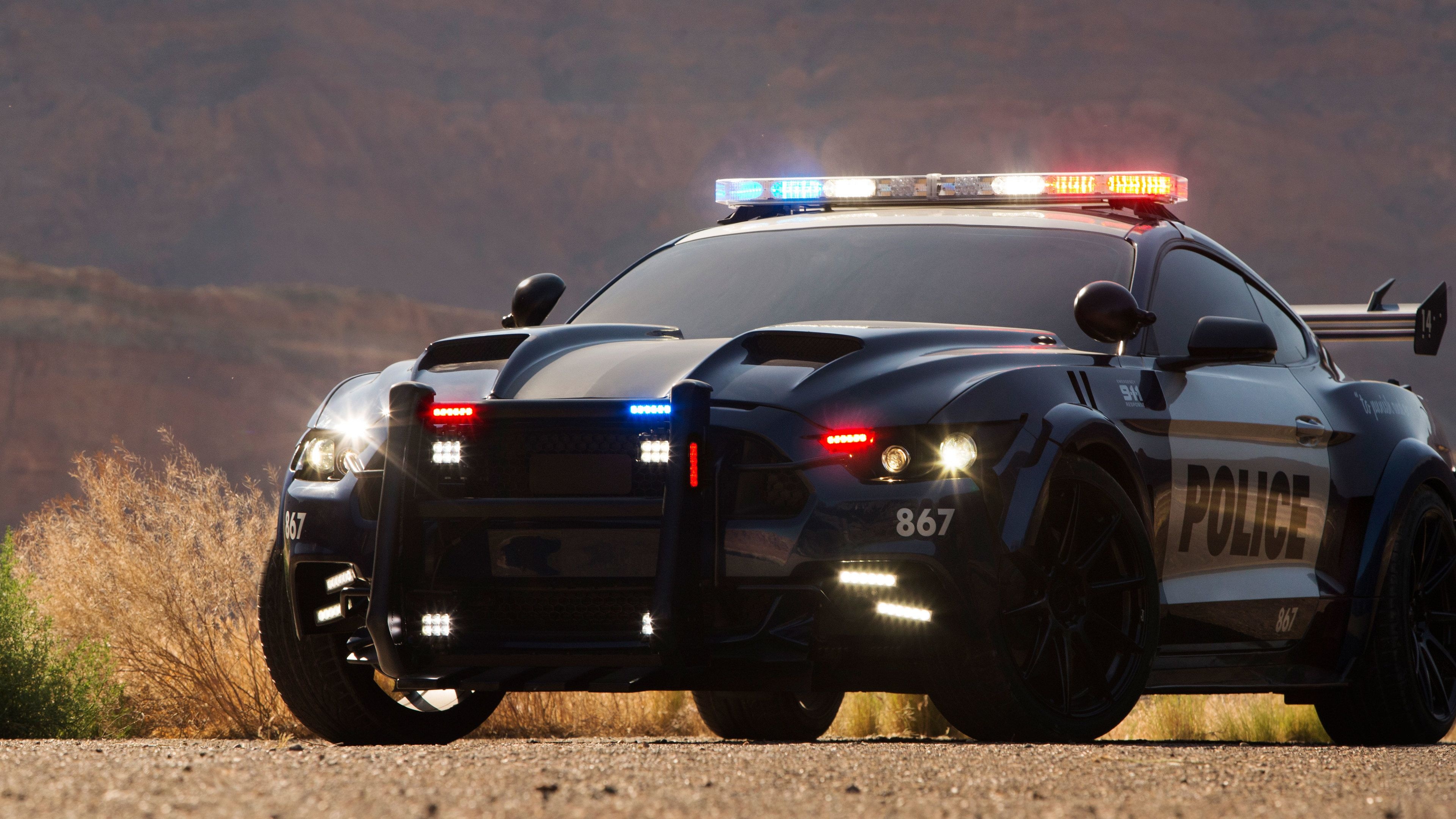 Barricade Ford Mustang, Transformers: The Last Knight, Police emergency light bar, 4K Desktop wallpaper