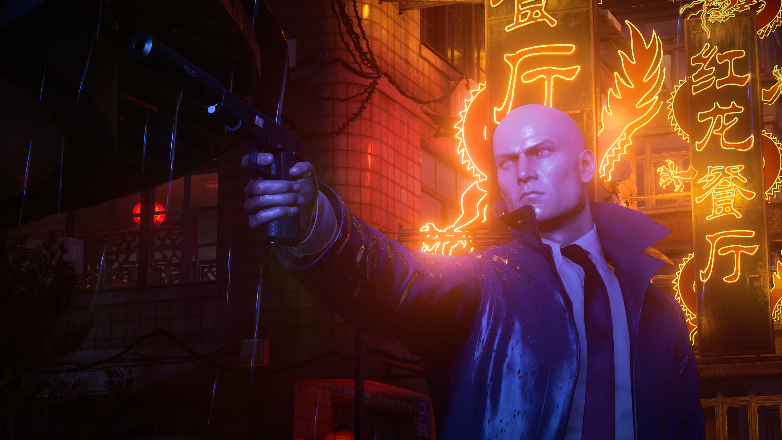Agent 47, ICA19 silenced pistol, Chongqing neon street, HD Desktop wallpaper