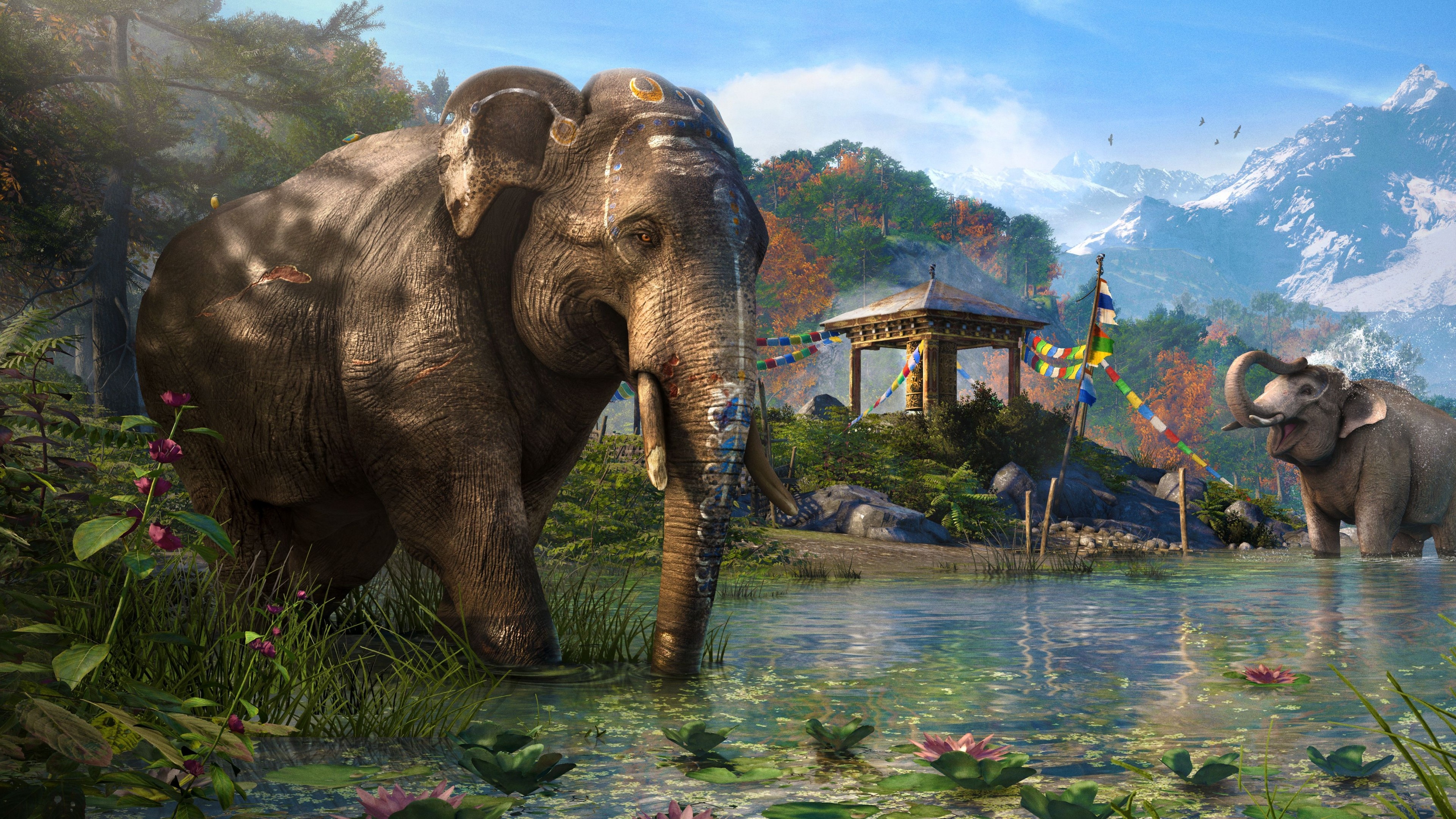 Far Cry 4 Asian elephant, Kyrat shrine with prayer flags, Snowy Himalayan mountain range, 4K Desktop wallpaper