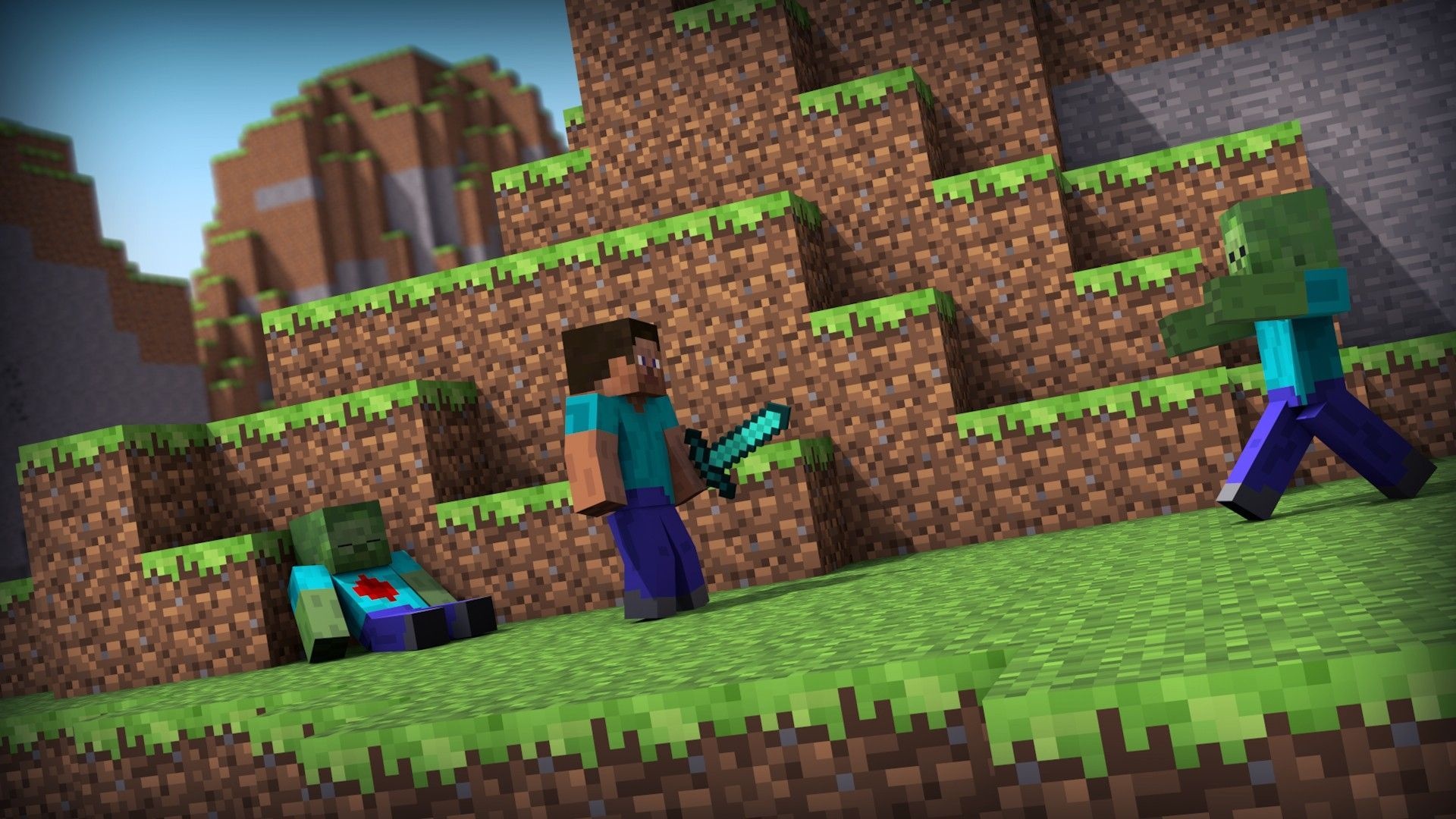 Steve wielding diamond sword, Minecraft Zombie, Grass block landscape, Full HD Desktop wallpaper