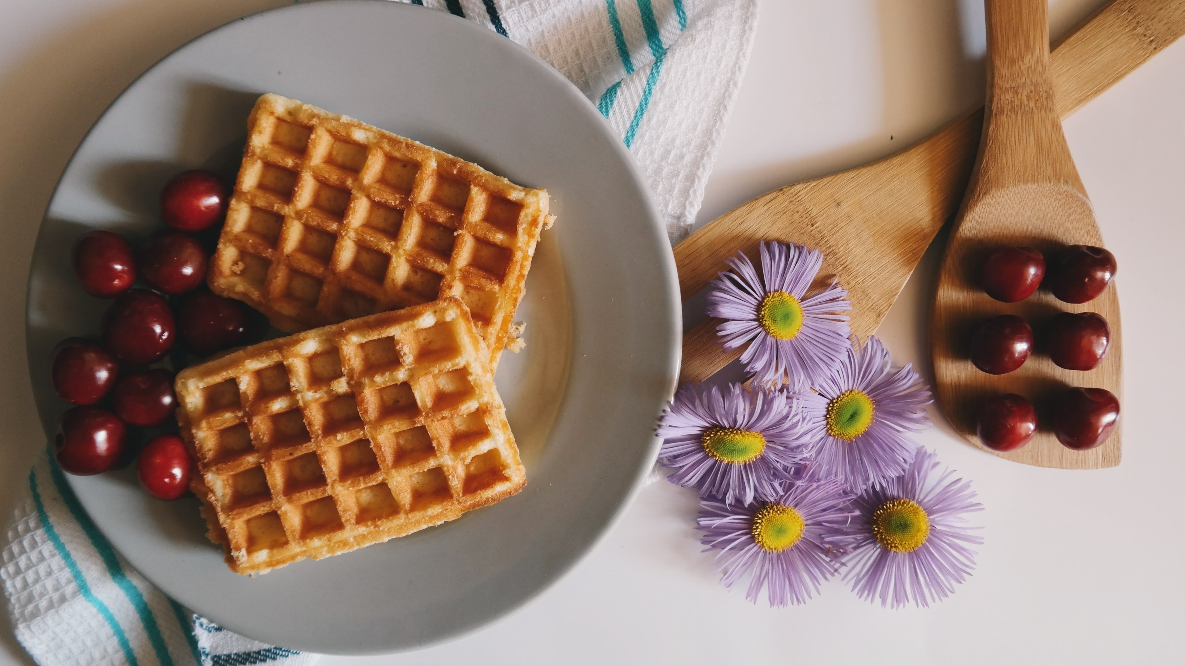 Cherry and flower waffles, Dessert delight, Artistic presentation, Sweet indulgence, 3840x2160 4K Desktop