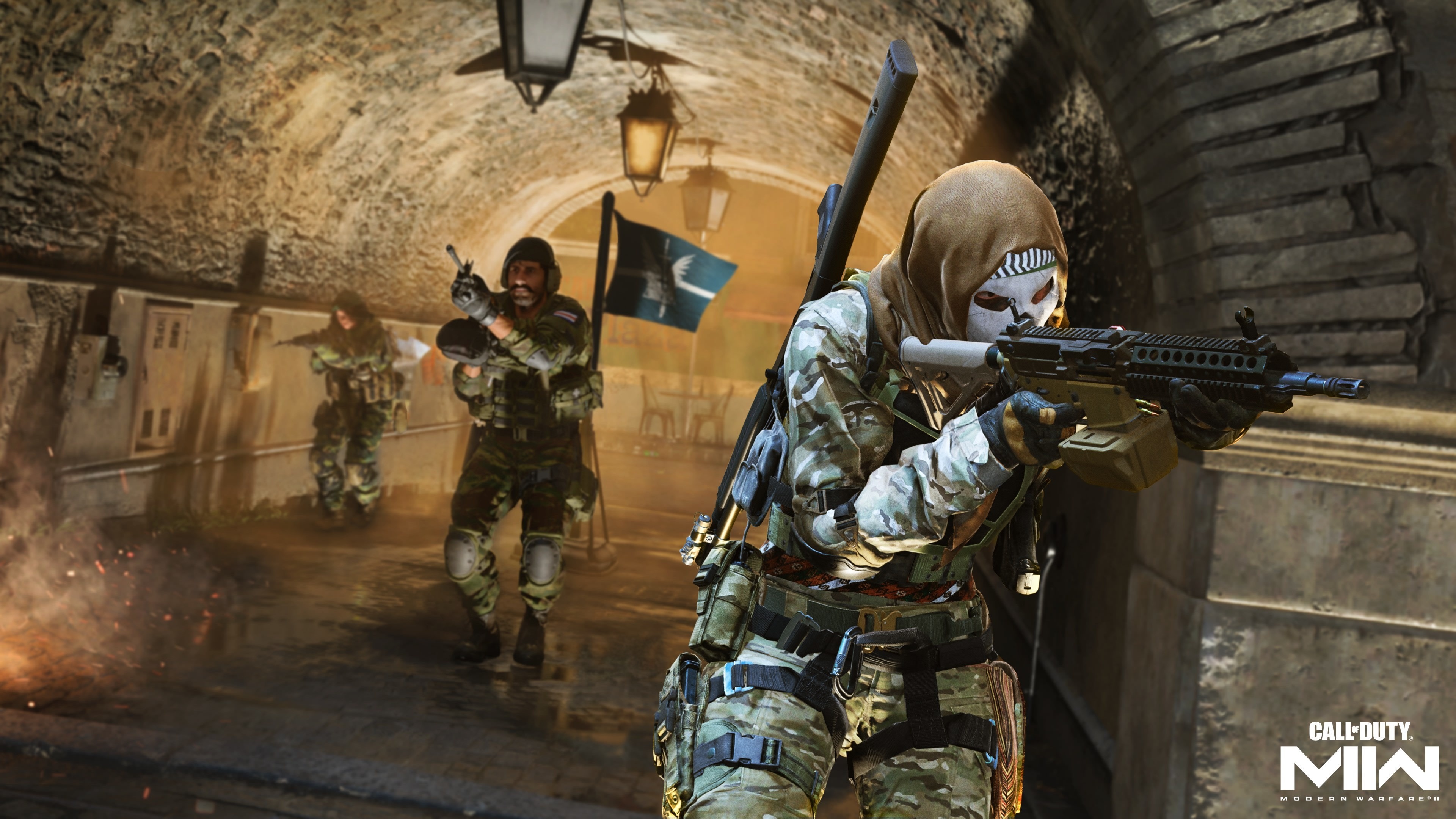 Call of Duty: Modern Warfare II, Skull-masked tactical operator, Arched stone tunnel, 4K Desktop wallpaper