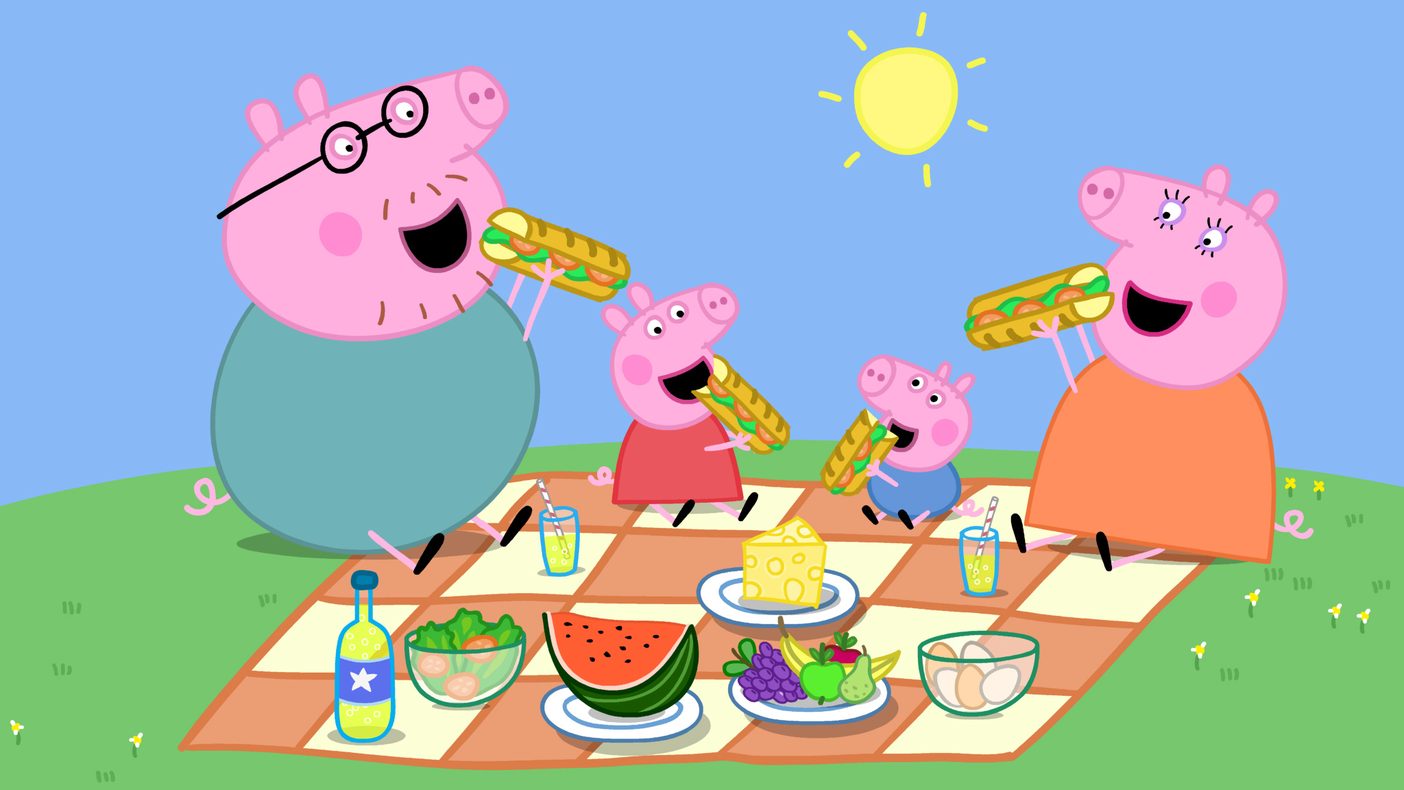 Peppa Pig family, Daddy Pig, Mummy Pig, George Pig, Family picnic spread, HD Desktop wallpaper