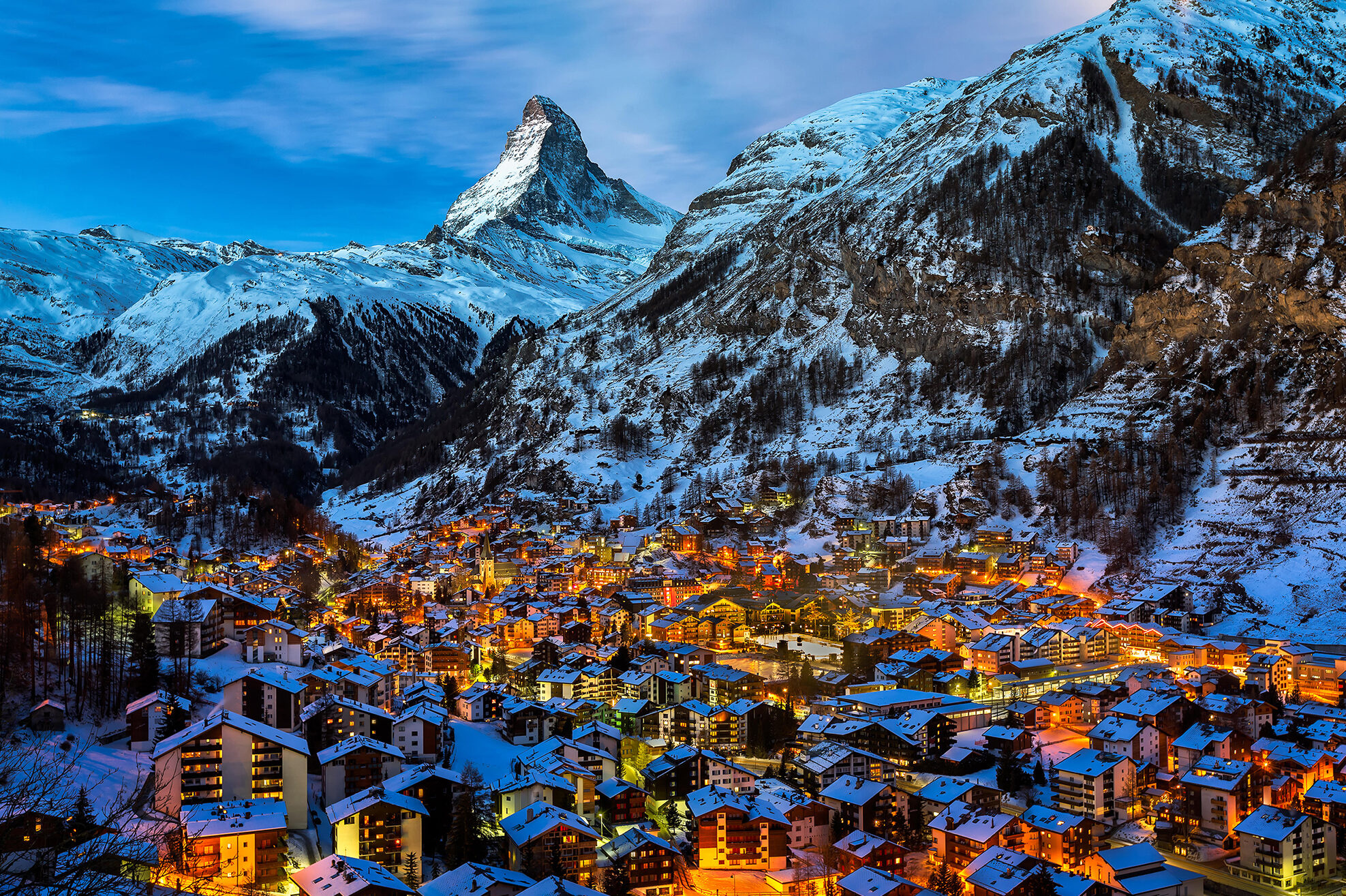 Matterhorn peak, Zermatt alpine village, Snow covered Swiss Alps, HD Desktop wallpaper