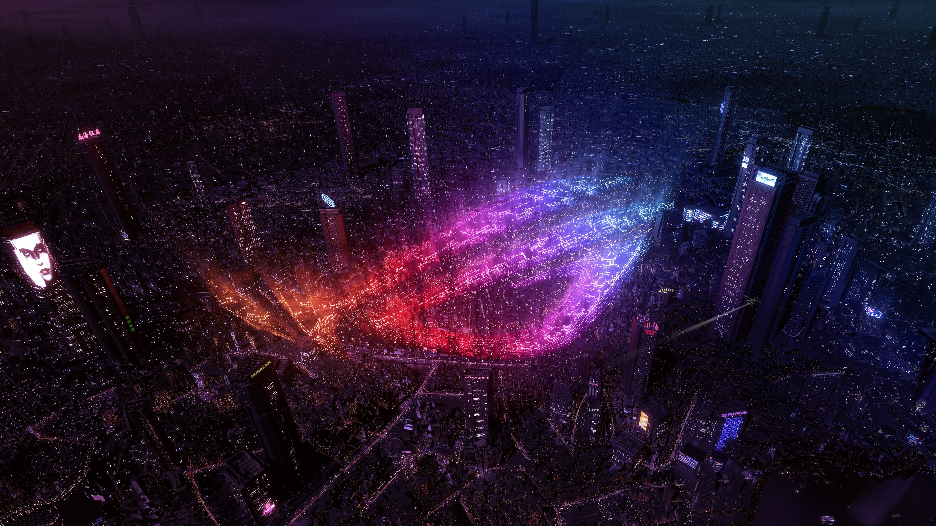 ASUS Republic of Gamers logo, Aerial night megacity, Neon street light grid, Illuminated skyscraper billboard, 4K Desktop wallpaper