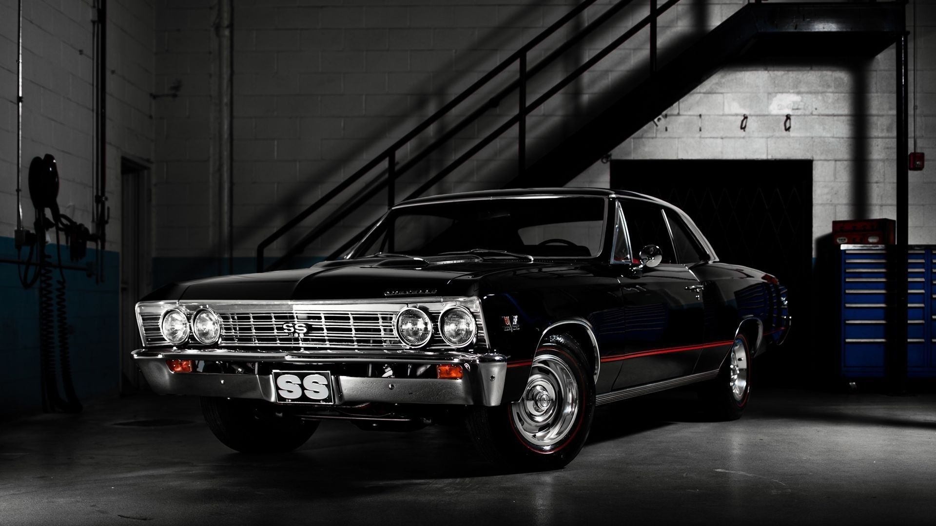 1966 Chevrolet Chevelle SS, industrial warehouse garage, metal staircase, Full HD Desktop wallpaper