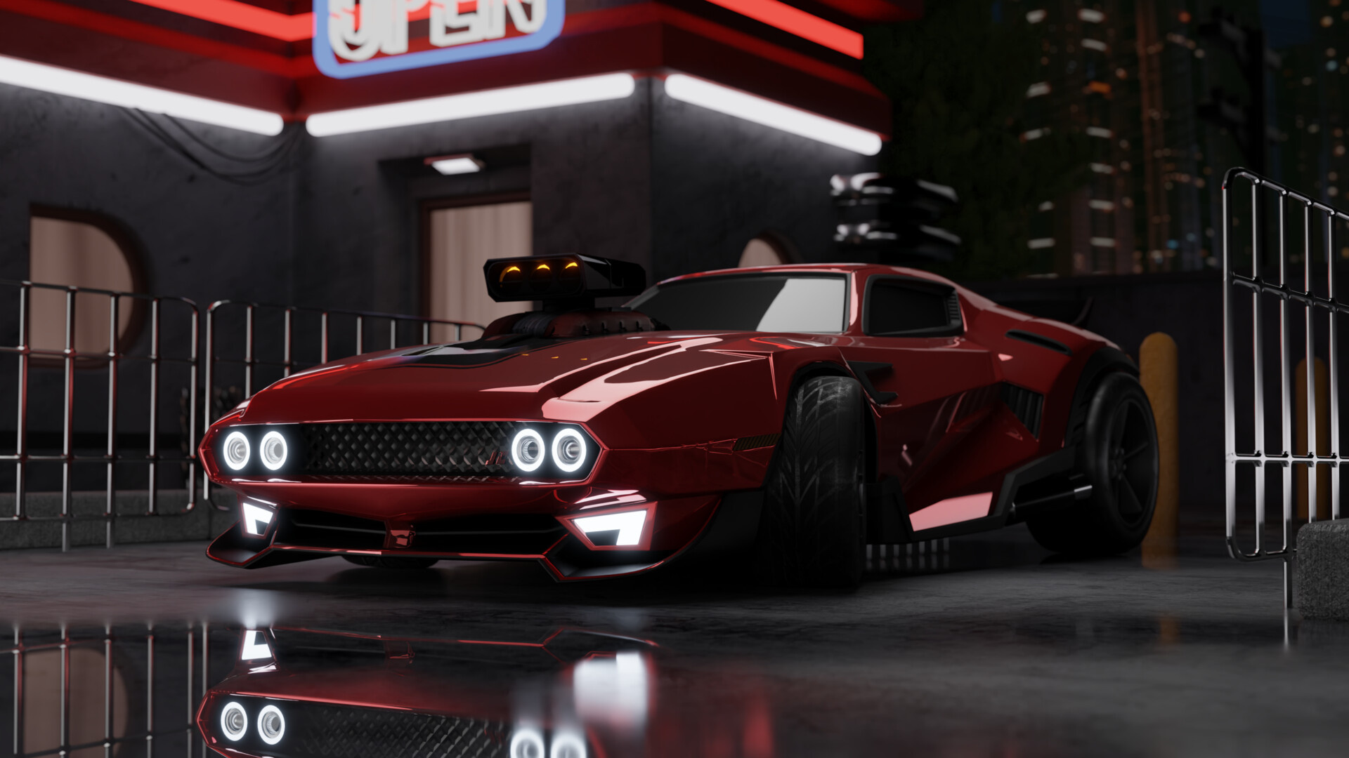 supercharged red muscle car, neon OPEN sign, wet pavement reflection, Full HD Desktop wallpaper