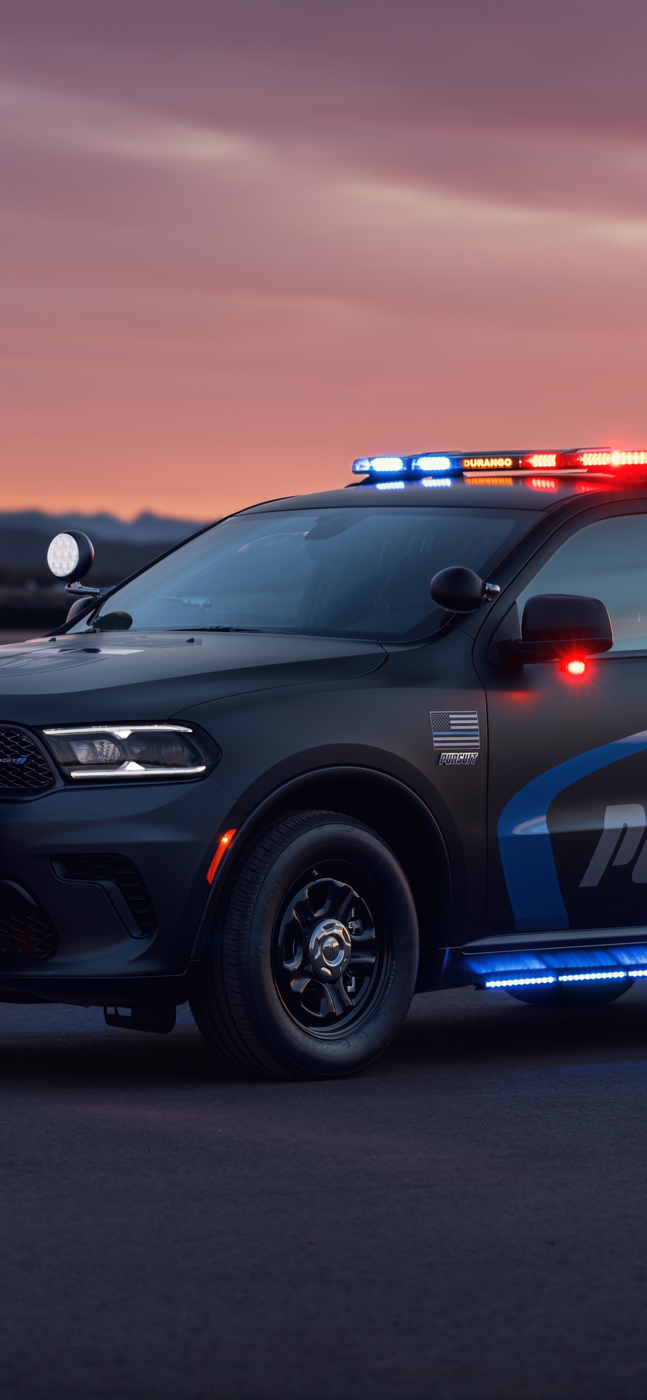 Dodge Durango Pursuit, LED police lightbar, Sunset desert horizon, HD Phone wallpaper
