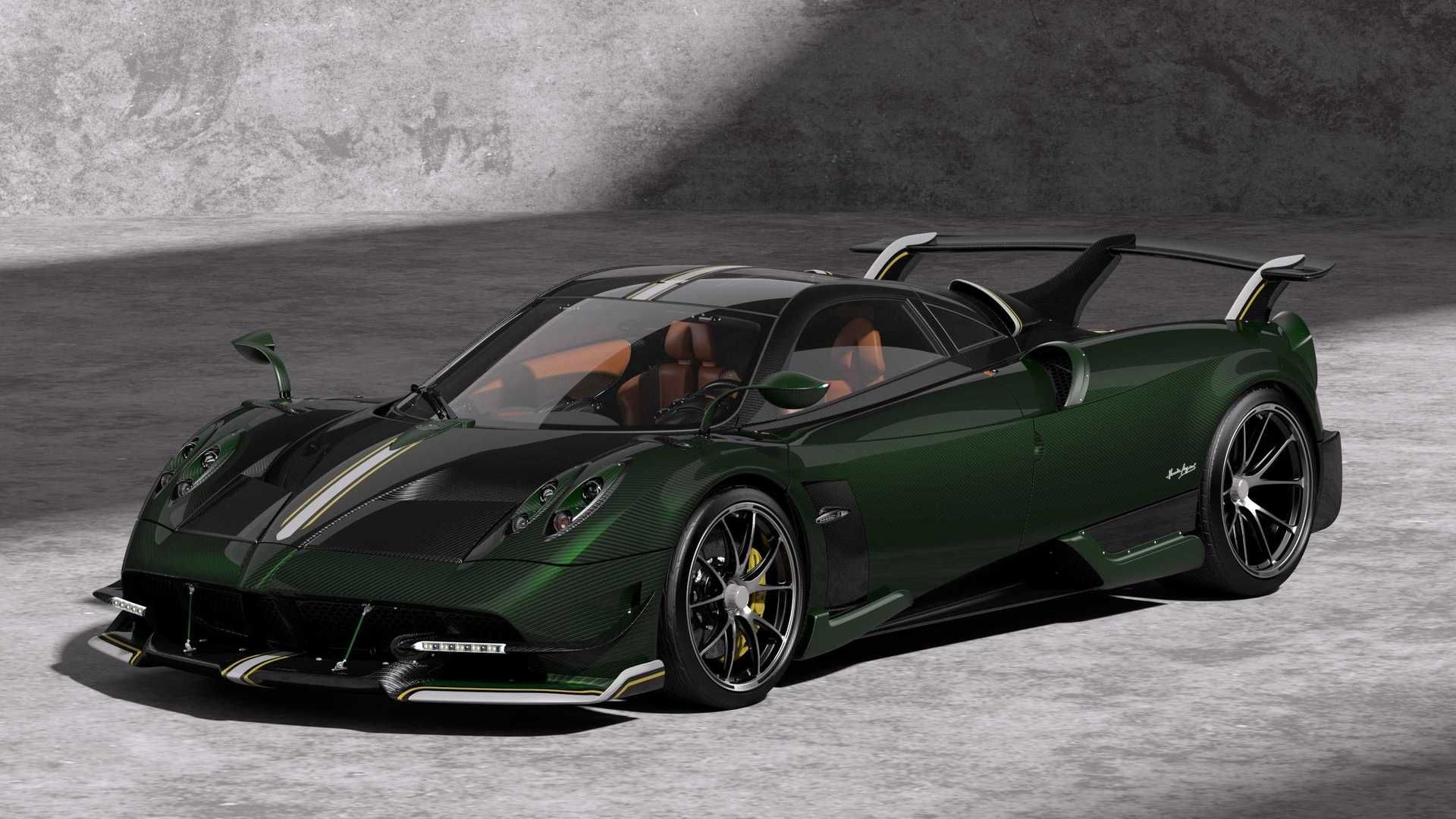 Pagani Imola, green carbon fiber body, concrete studio, Full HD Desktop wallpaper