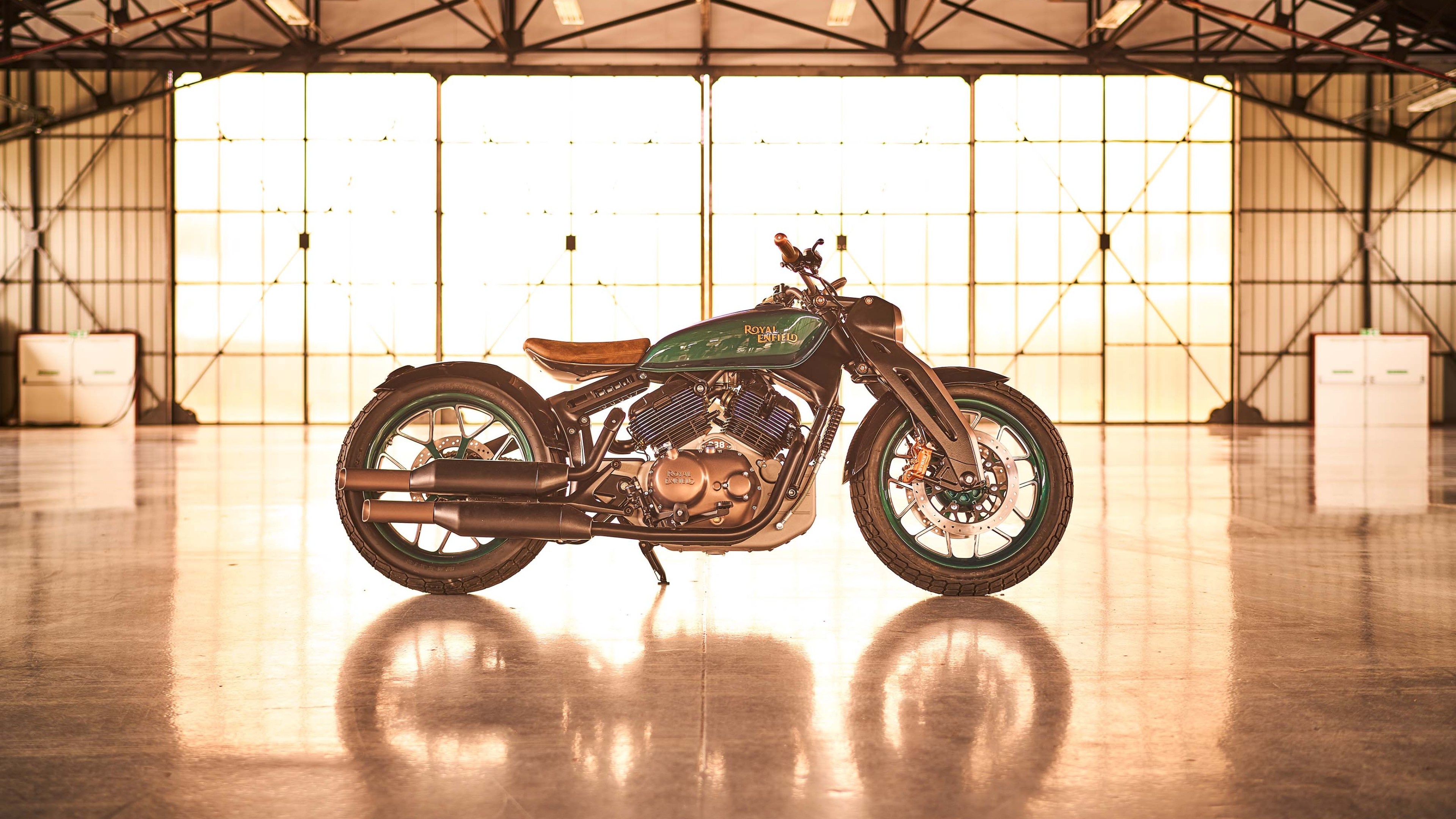 Royal Enfield Concept KX, aircraft hangar interior, ROYAL ENFIELD text, 4K Desktop wallpaper