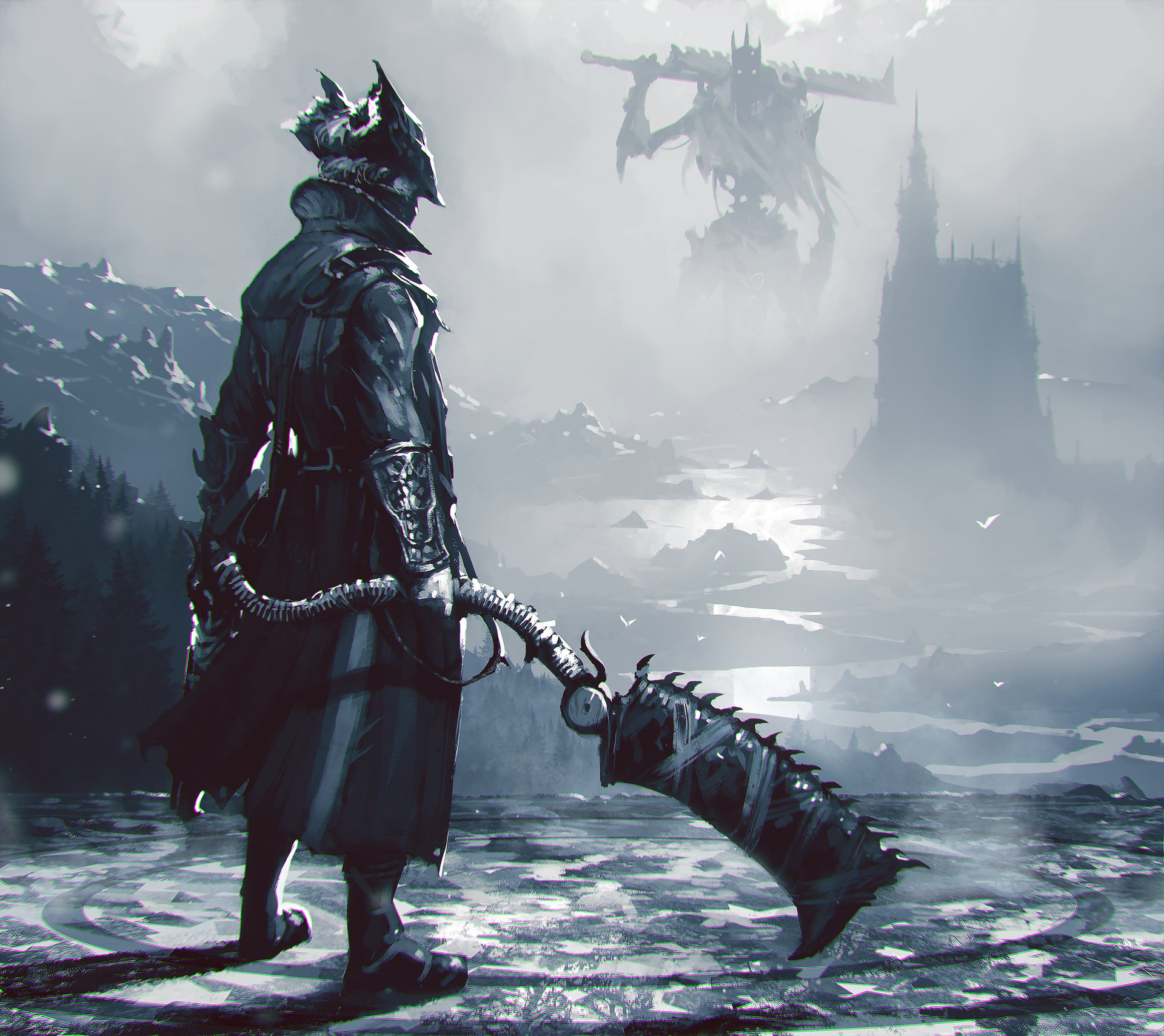 Bloodborne Hunter, Saw Cleaver, Yhorm the Giant, HD Desktop wallpaper